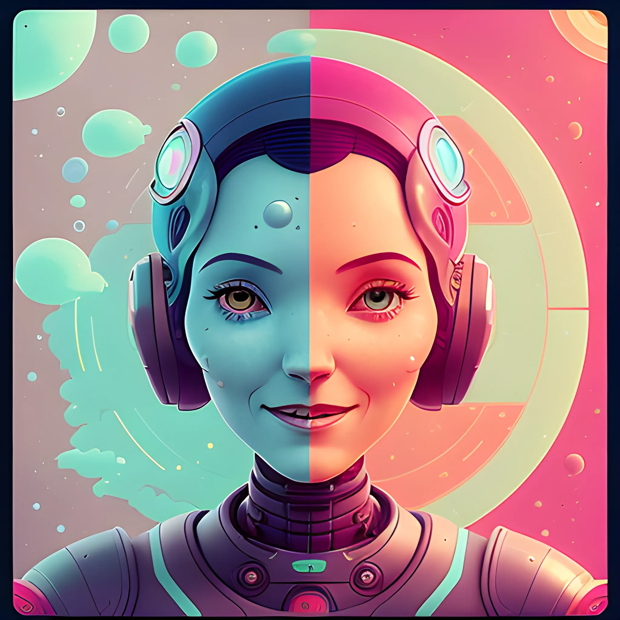 Friendly female robot avatar with government or institutional vibes. Should be cheerful, knowledgeable, and smiling. by petros afshar, ross tran, Tom Bagshaw, tom whalen, underwater bubbly psychedelic clouds, Anaglyph 3D lens blur effect
