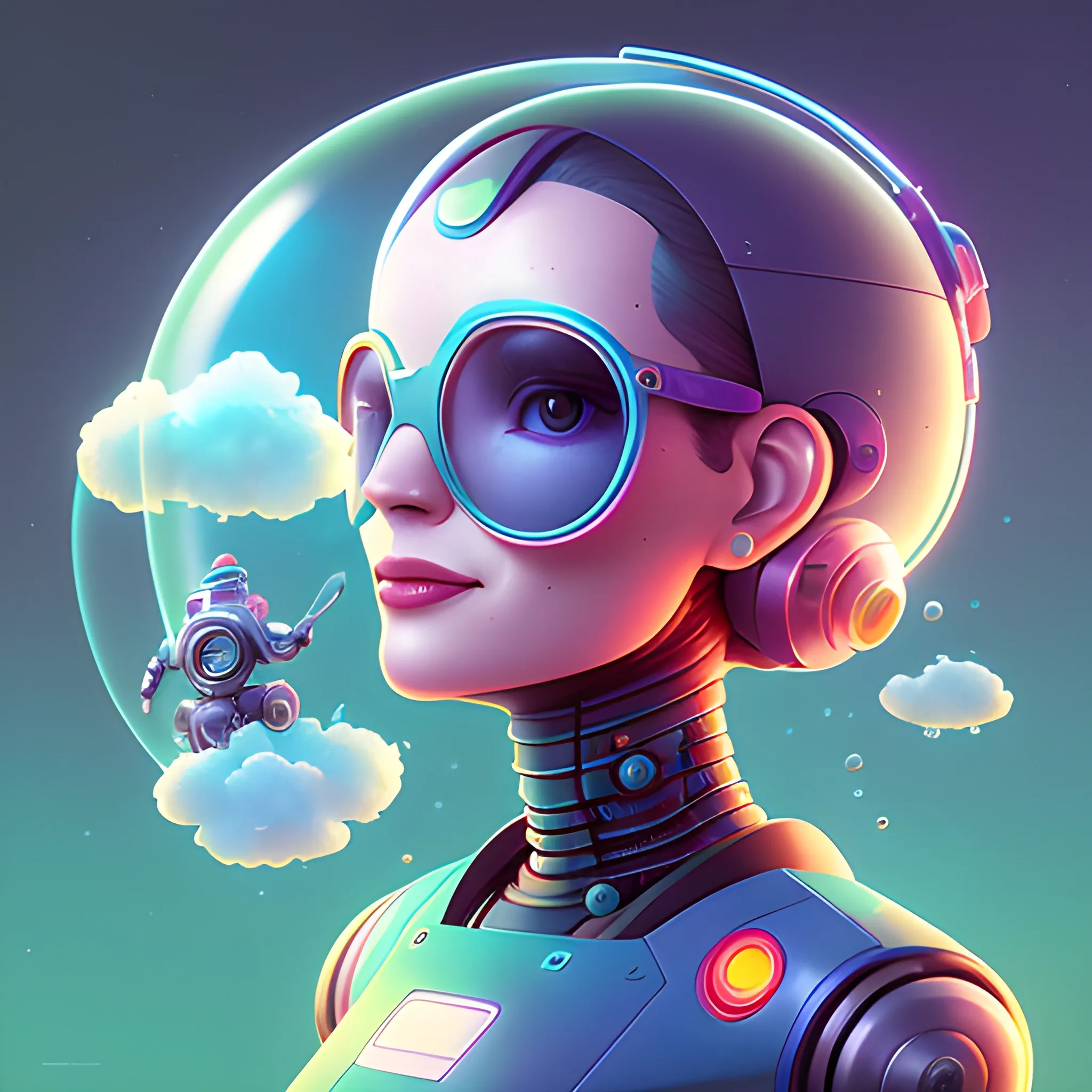 Friendly female robot avatar with government or institutional vibes. Should be cheerful, knowledgeable, and smiling. by petros afshar, ross tran, Tom Bagshaw, tom whalen, underwater bubbly psychedelic clouds, Anaglyph 3D lens blur effect
