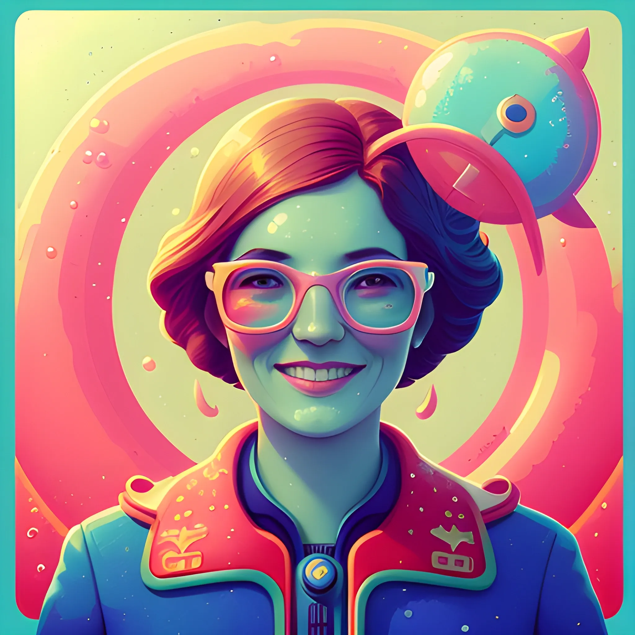 Friendly wise female government workiner. Should be warm, cheerful, knowledgeable, and smiling. by petros afshar, ross tran, Tom Bagshaw, tom whalen, underwater bubbly psychedelic clouds, Anaglyph 3D lens blur effect
