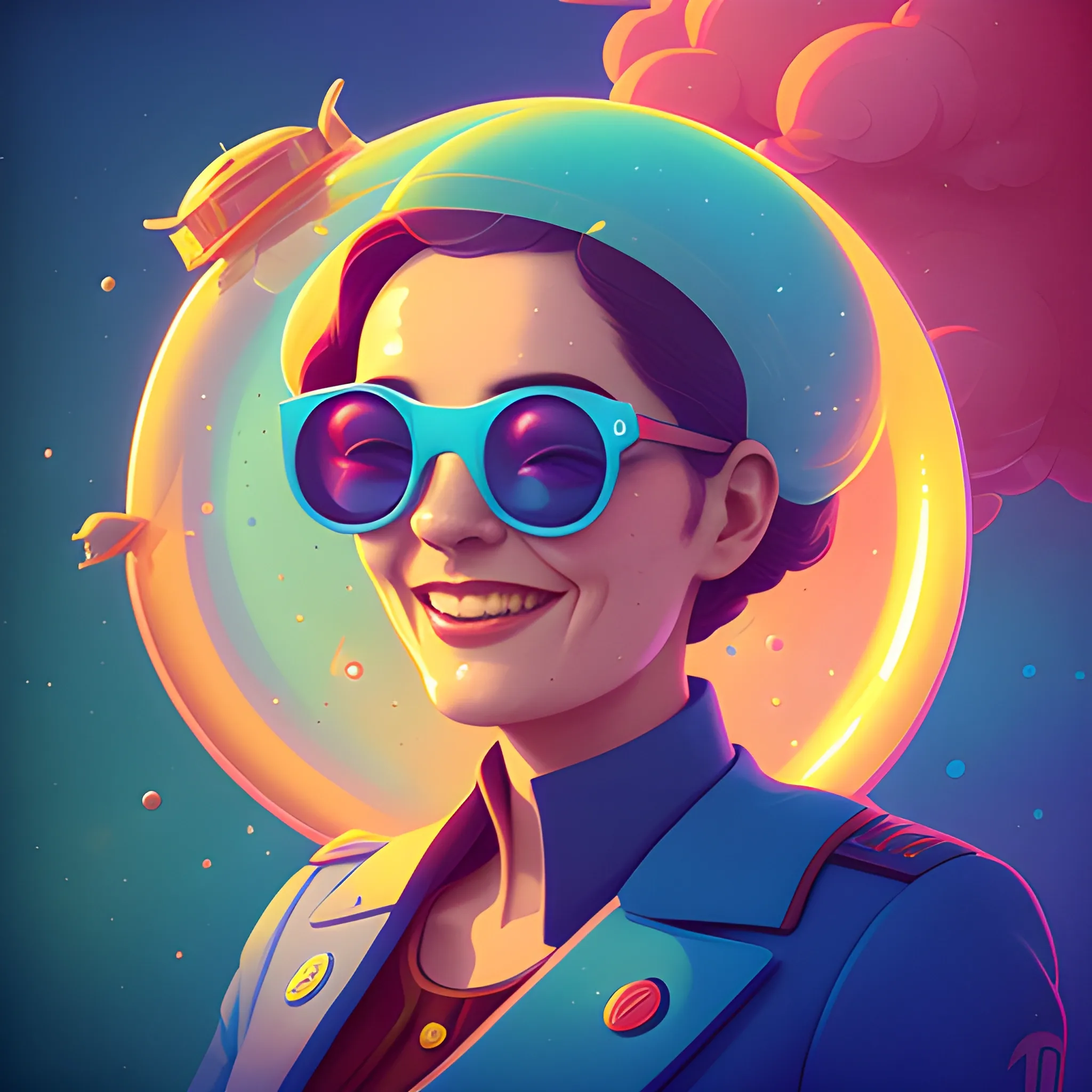 Friendly wise female government workiner. Should be warm, cheerful, knowledgeable, and smiling. by petros afshar, ross tran, Tom Bagshaw, tom whalen, underwater bubbly psychedelic clouds, Anaglyph 3D lens blur effect
