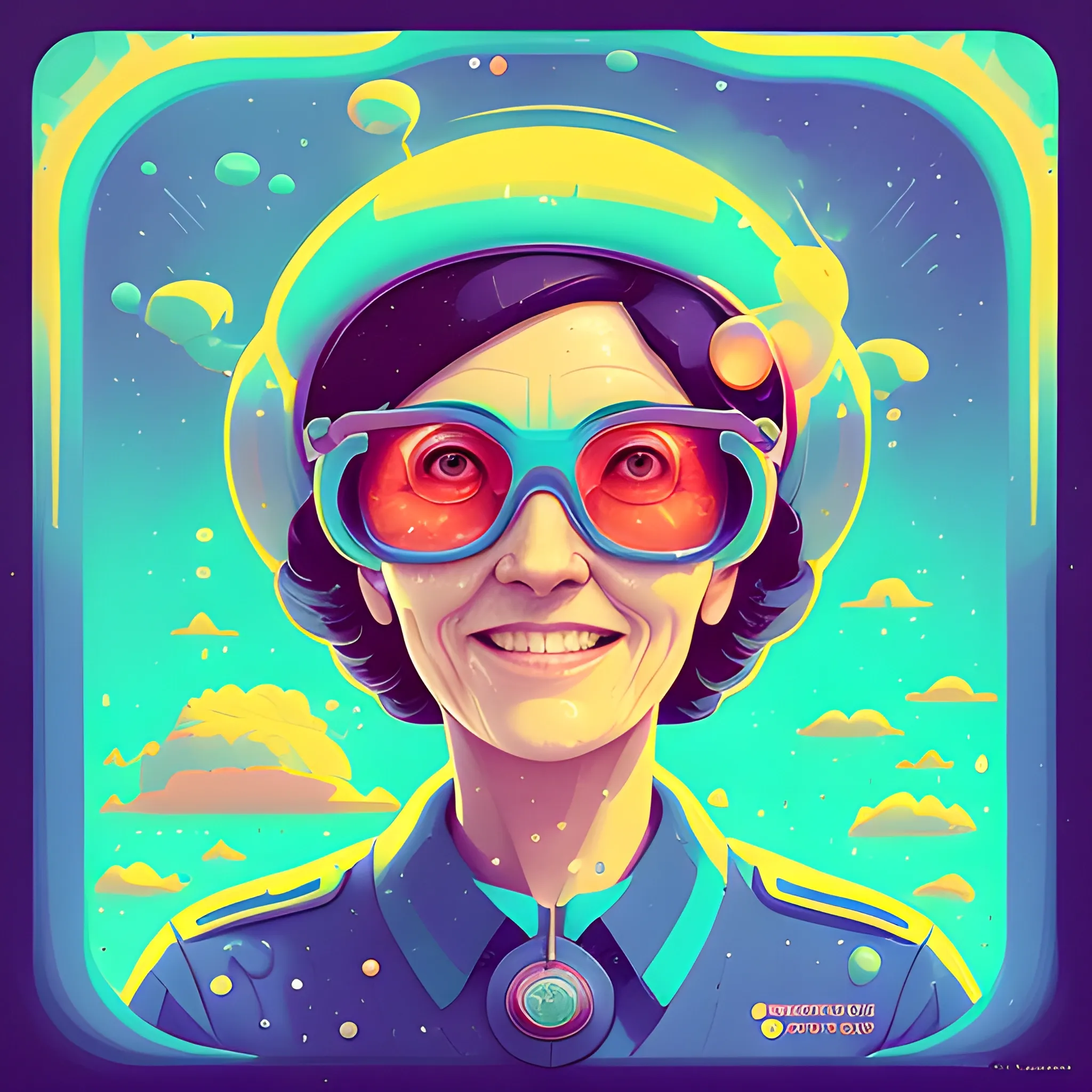 Friendly wise mature female government worker. Should be warm, cheerful, knowledgeable, and smiling. by petros afshar, ross tran, Tom Bagshaw, tom whalen, underwater bubbly psychedelic clouds, Anaglyph 3D lens blur effect
