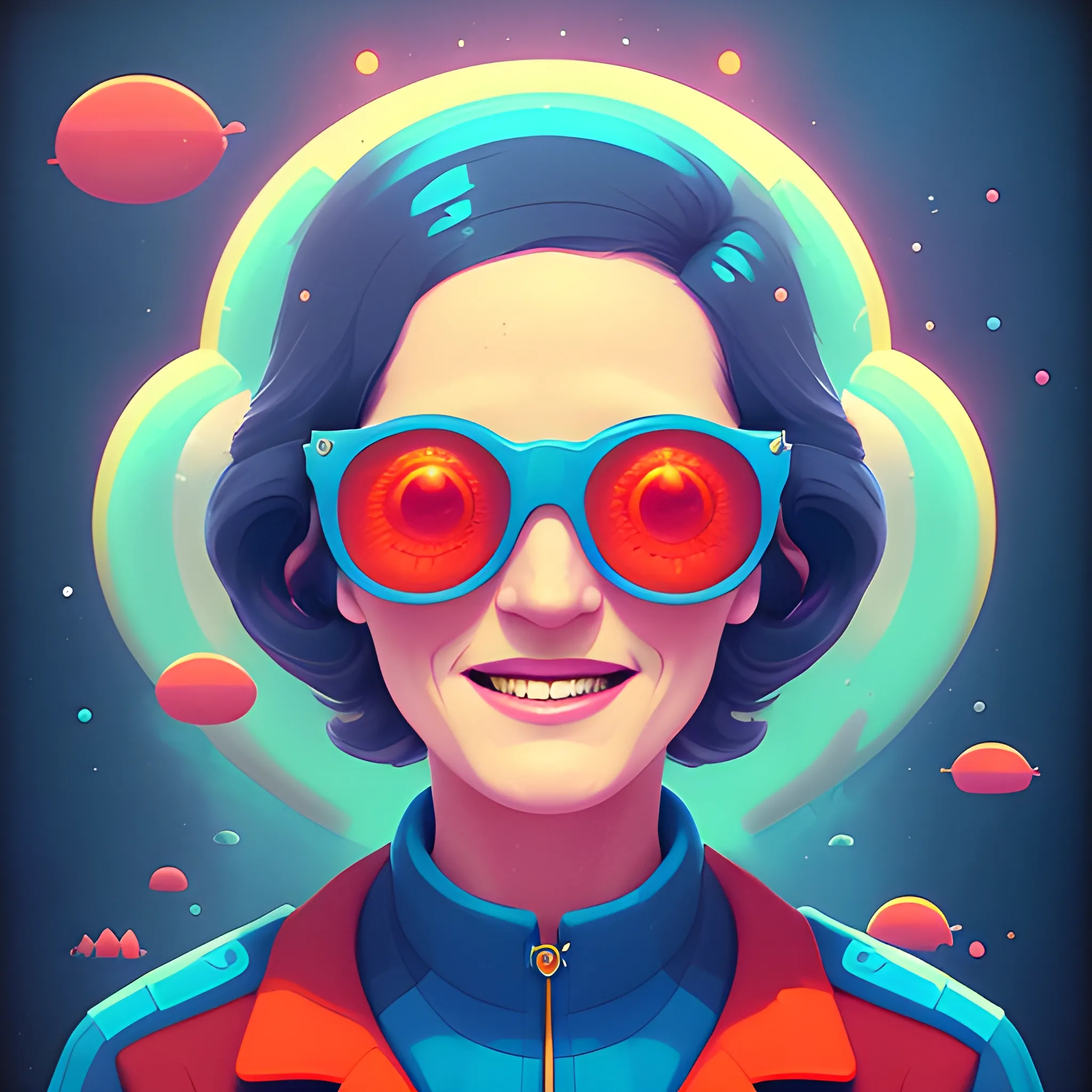 Friendly wise mature female government worker. Should be warm, cheerful, knowledgeable, and smiling. by petros afshar, ross tran, Tom Bagshaw, tom whalen, underwater bubbly psychedelic clouds, Anaglyph 3D lens blur effect
