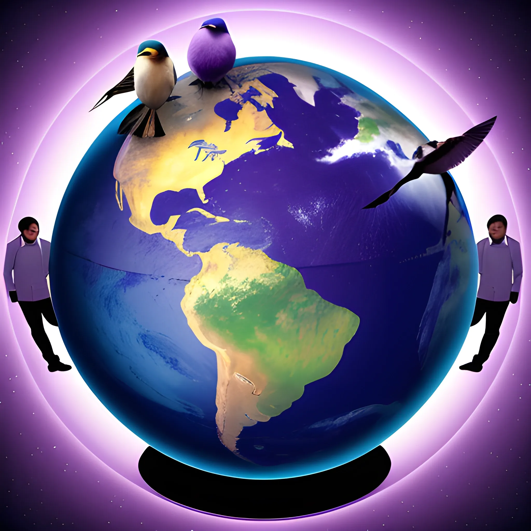 planet earth in a flat view, a man with a suitcase is standing on it, with a restrained look, birds are flying above him, all this is depicted on a purple restrained background