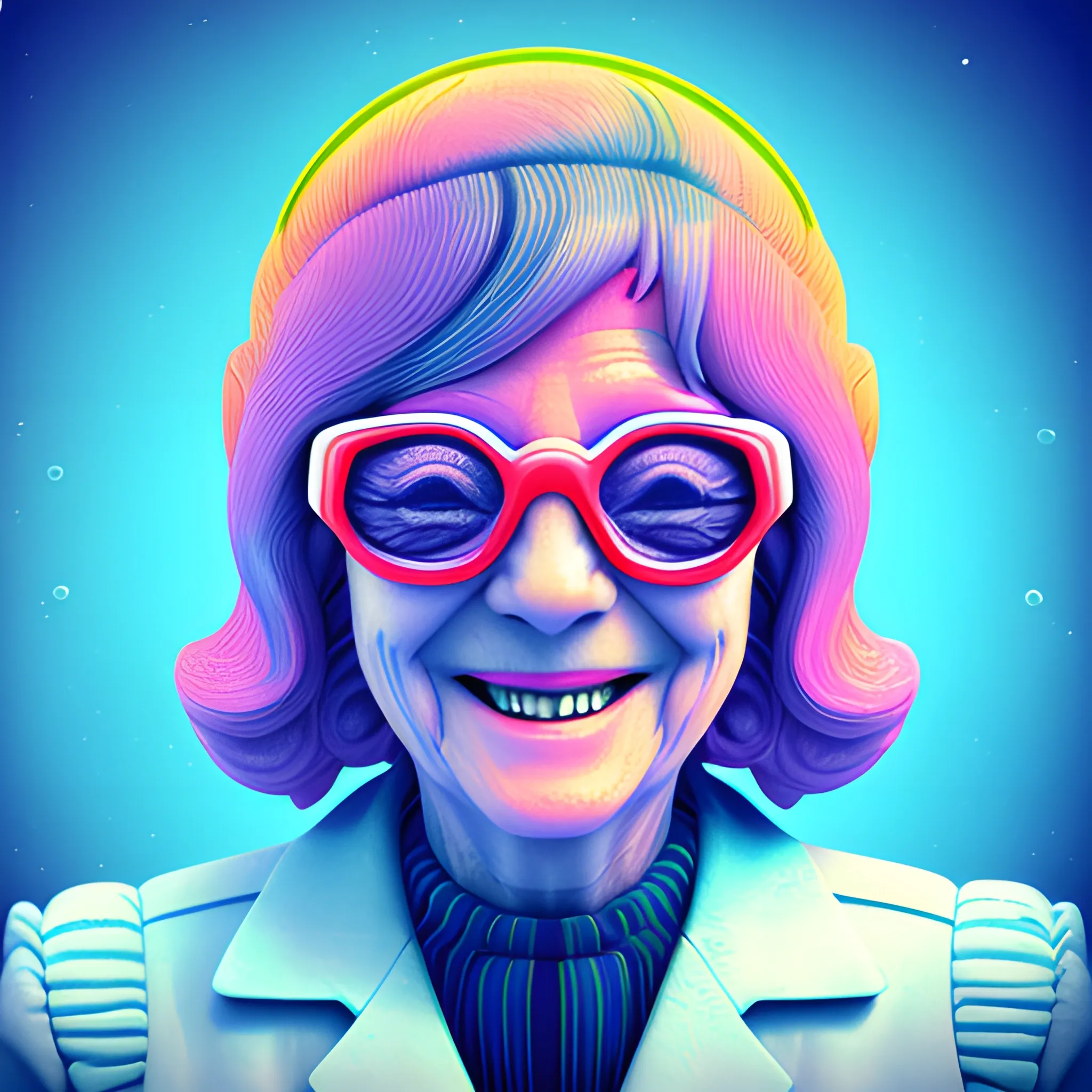 Friendly wise mature female government worker. Should be warm, cheerful, knowledgeable, and smiling.  underwater bubbly psychedelic clouds, Anaglyph 3D lens blur effect
