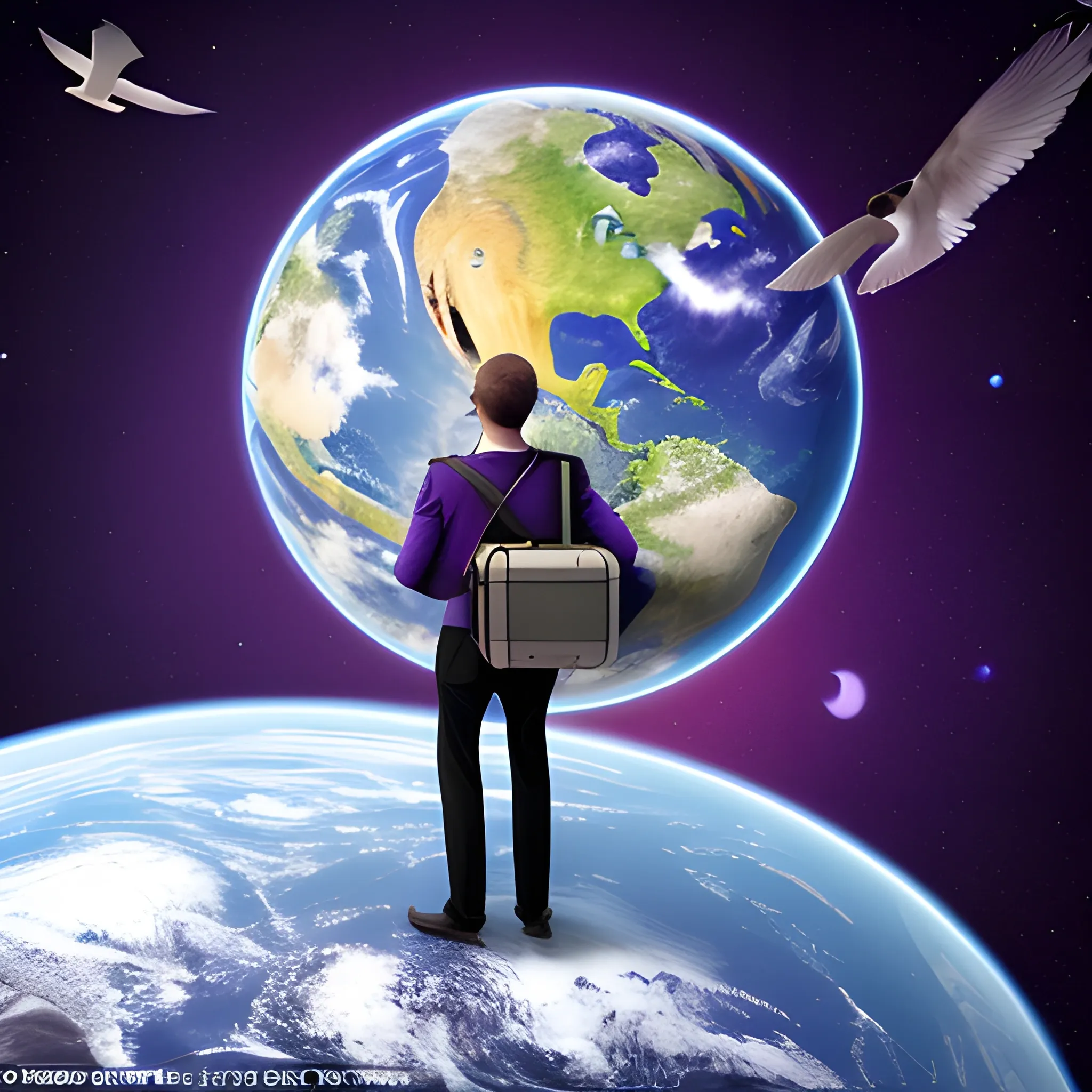 planet earth in a flat view, a man with a suitcase is standing on it, with a restrained look, birds are flying above him, all this is depicted on a purple restrained background 256000k