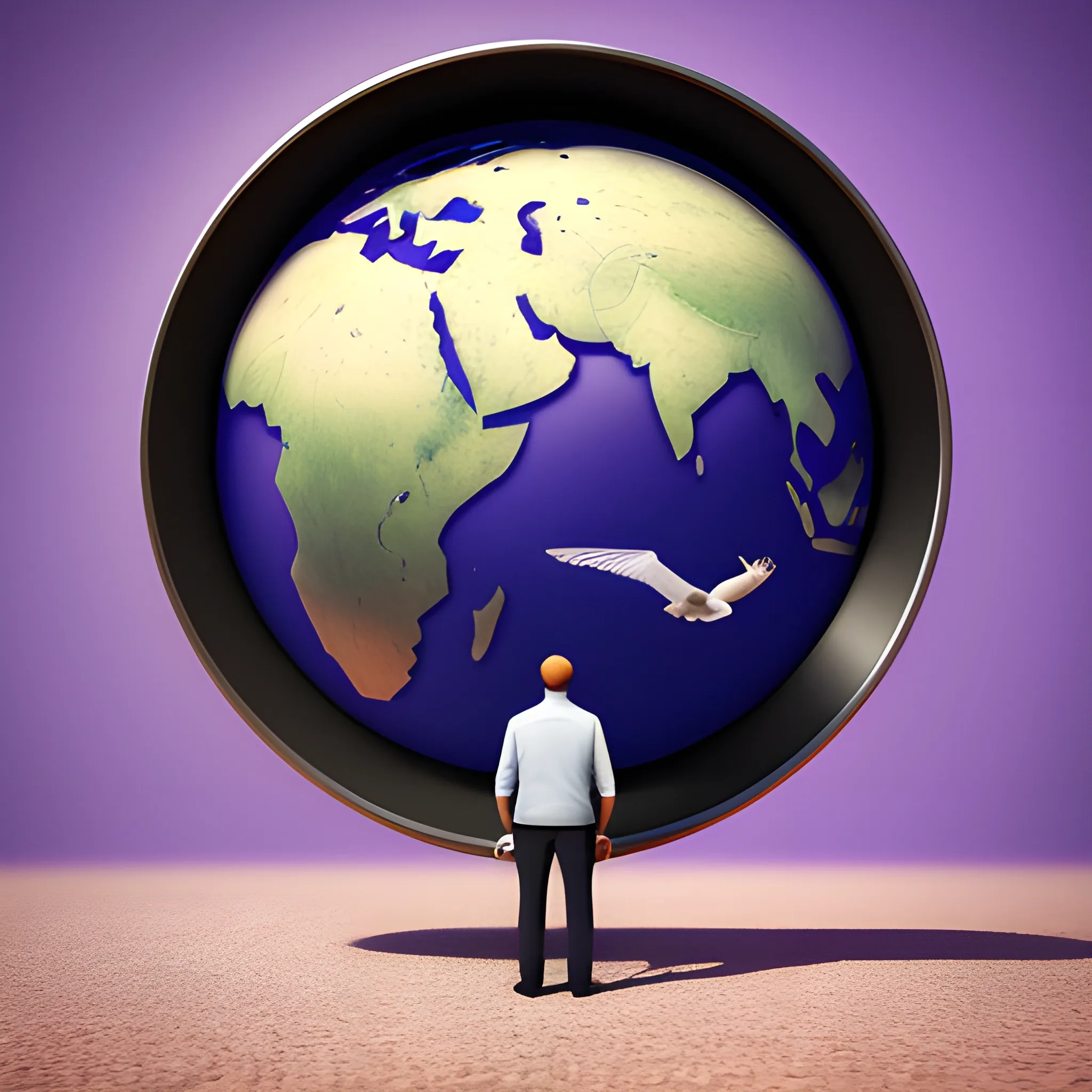 planet earth in a flat view, a man with a suitcase is standing on it, with a restrained look, birds are flying above him, all this is depicted on a purple restrained background , 3D