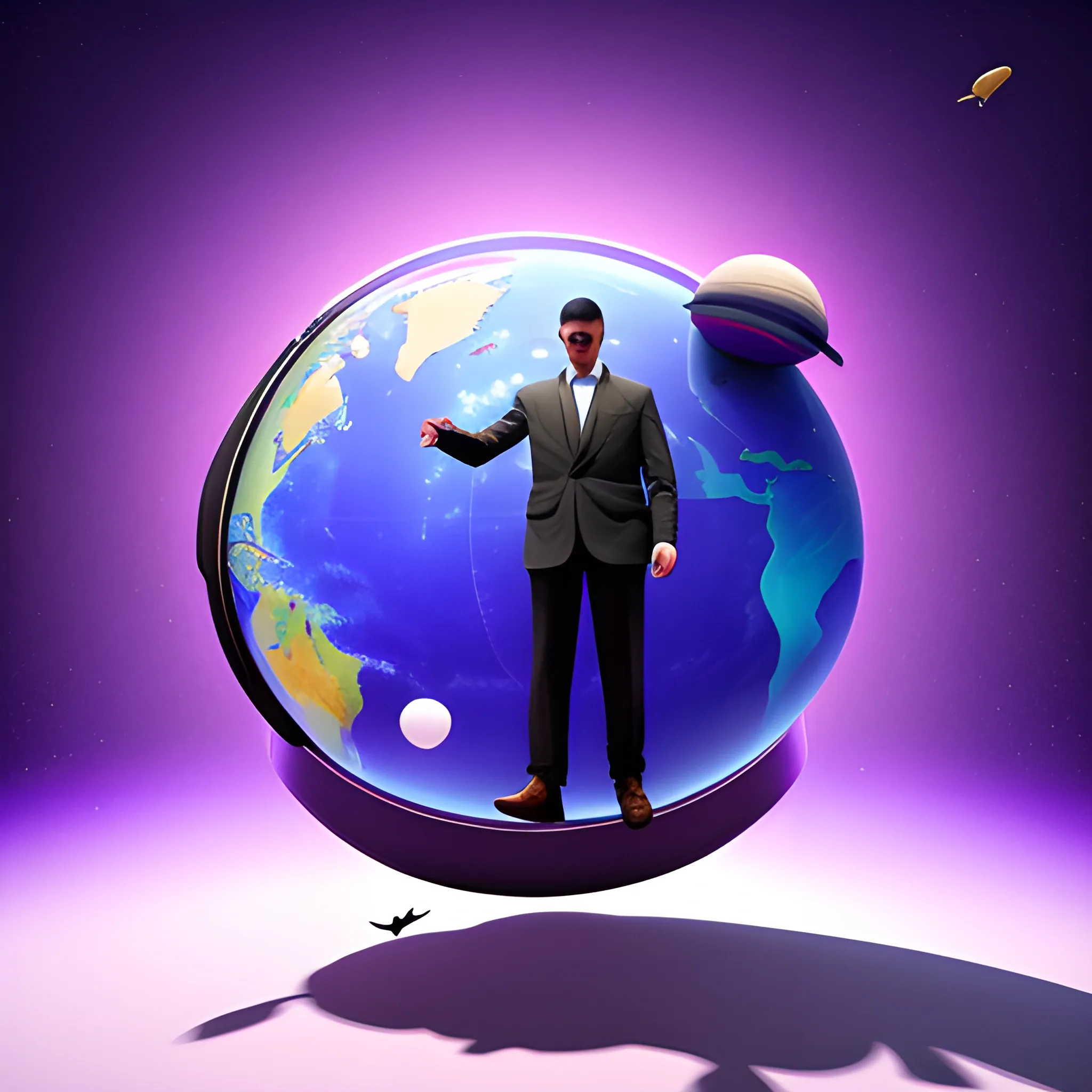 planet earth in a flat view, a man with a suitcase is standing on it, with a restrained look, birds are flying above him, all this is depicted on a purple restrained background , 3D, Trippy, 3D, Trippy