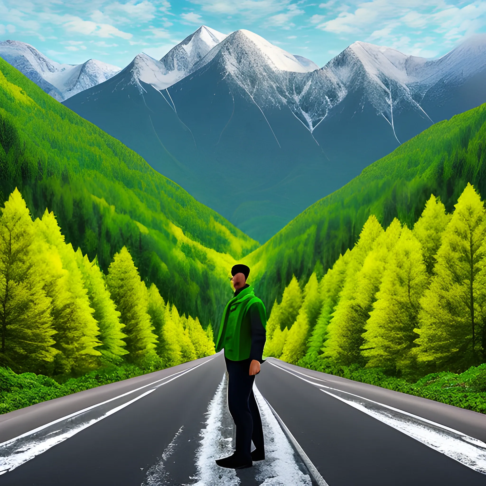 A man standing on the road to the mountains which are covered with bright green trees, a snowy top of the mountain, all this is depicted in a very realistic way
