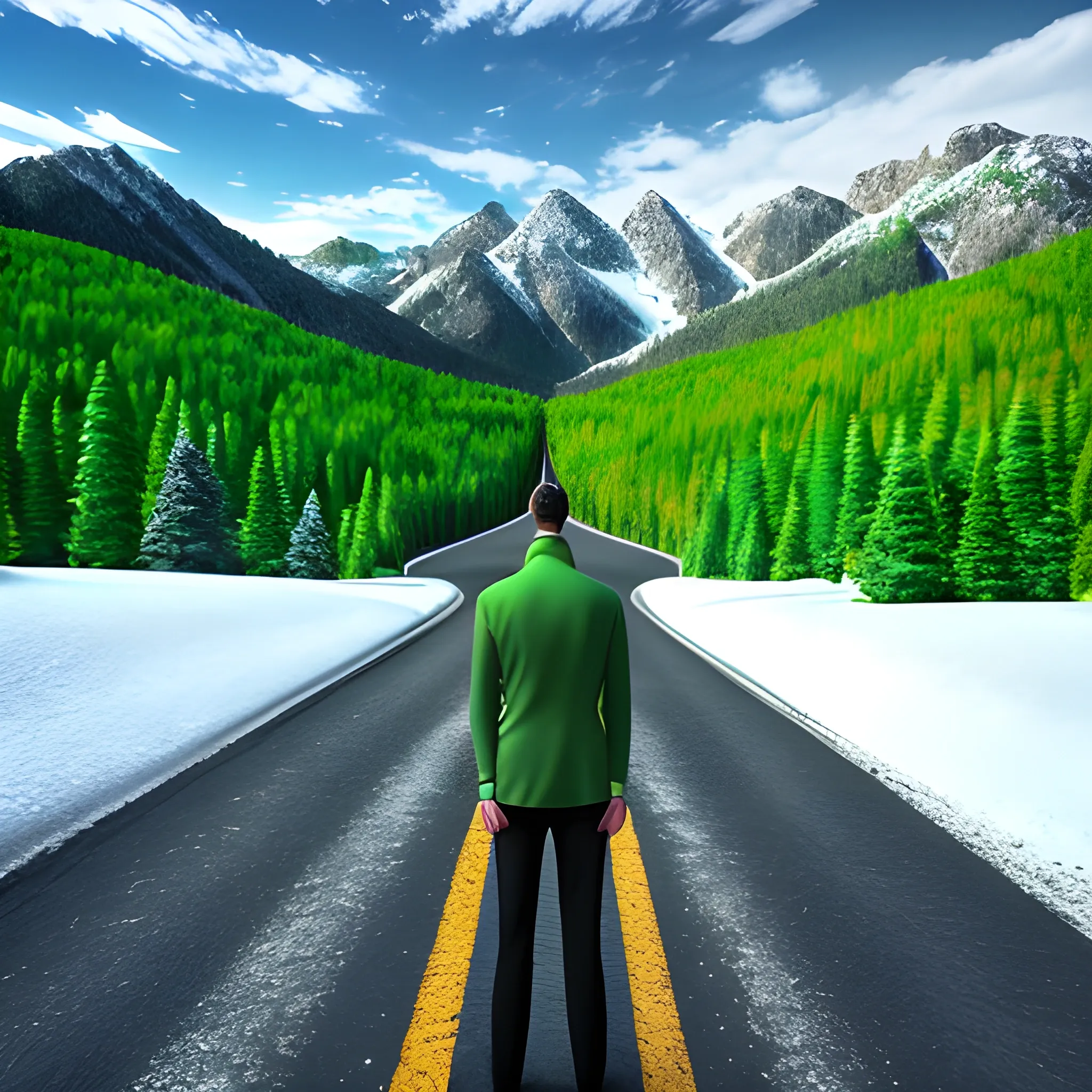 A man standing on the road to the mountains which are covered with bright green trees, a snowy top of the mountain, all this is depicted in a very realistic way, 3D, Trippy, 3D