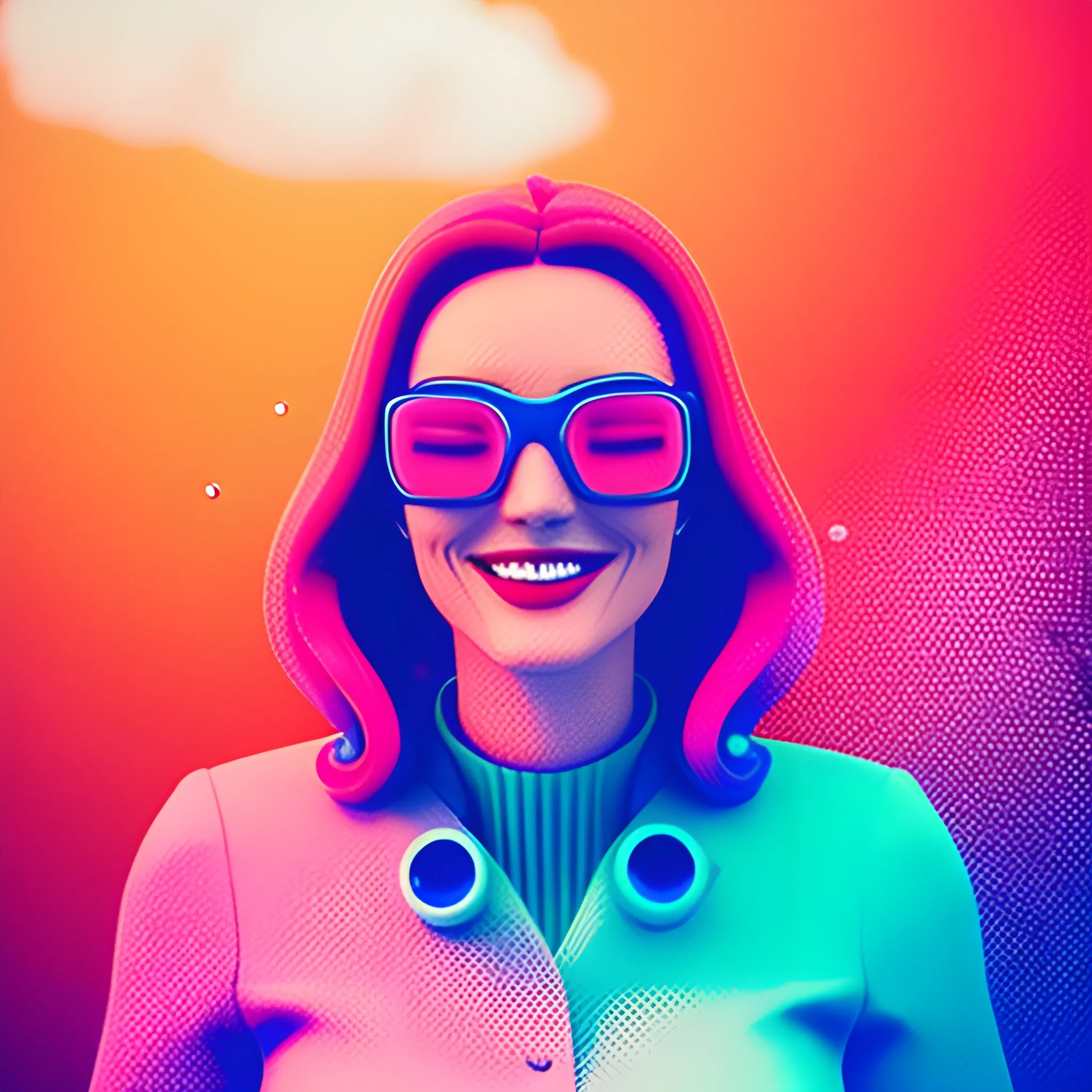 Friendly wise young high-tech female government worker. Should be warm, cheerful, knowledgeable, and smiling.  underwater bubbly psychedelic clouds, Anaglyph 3D lens blur effect
