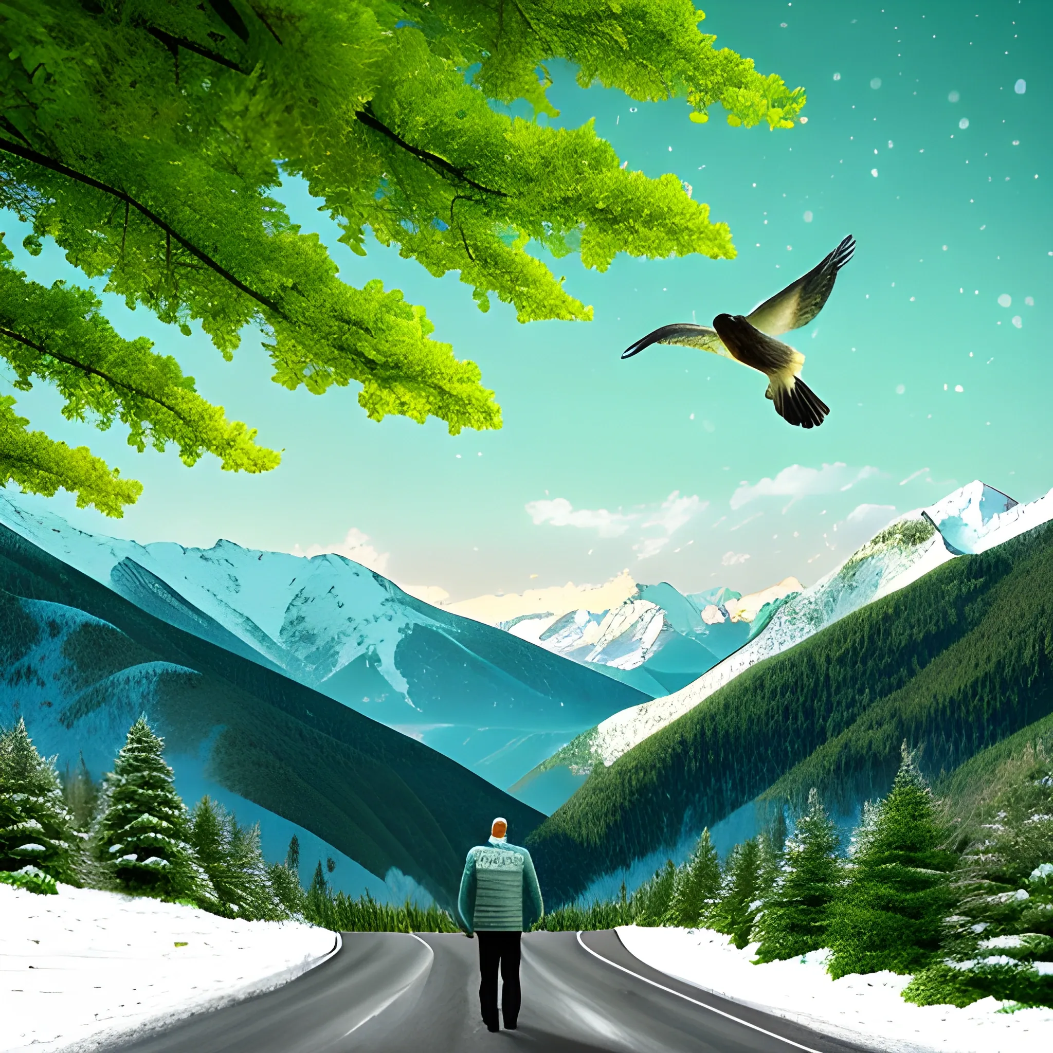 A man over whom birds fly, who stands on the road to the mountains covered with bright green trees, a snowy top of the mountain, all this is depicted in a very realistic way
