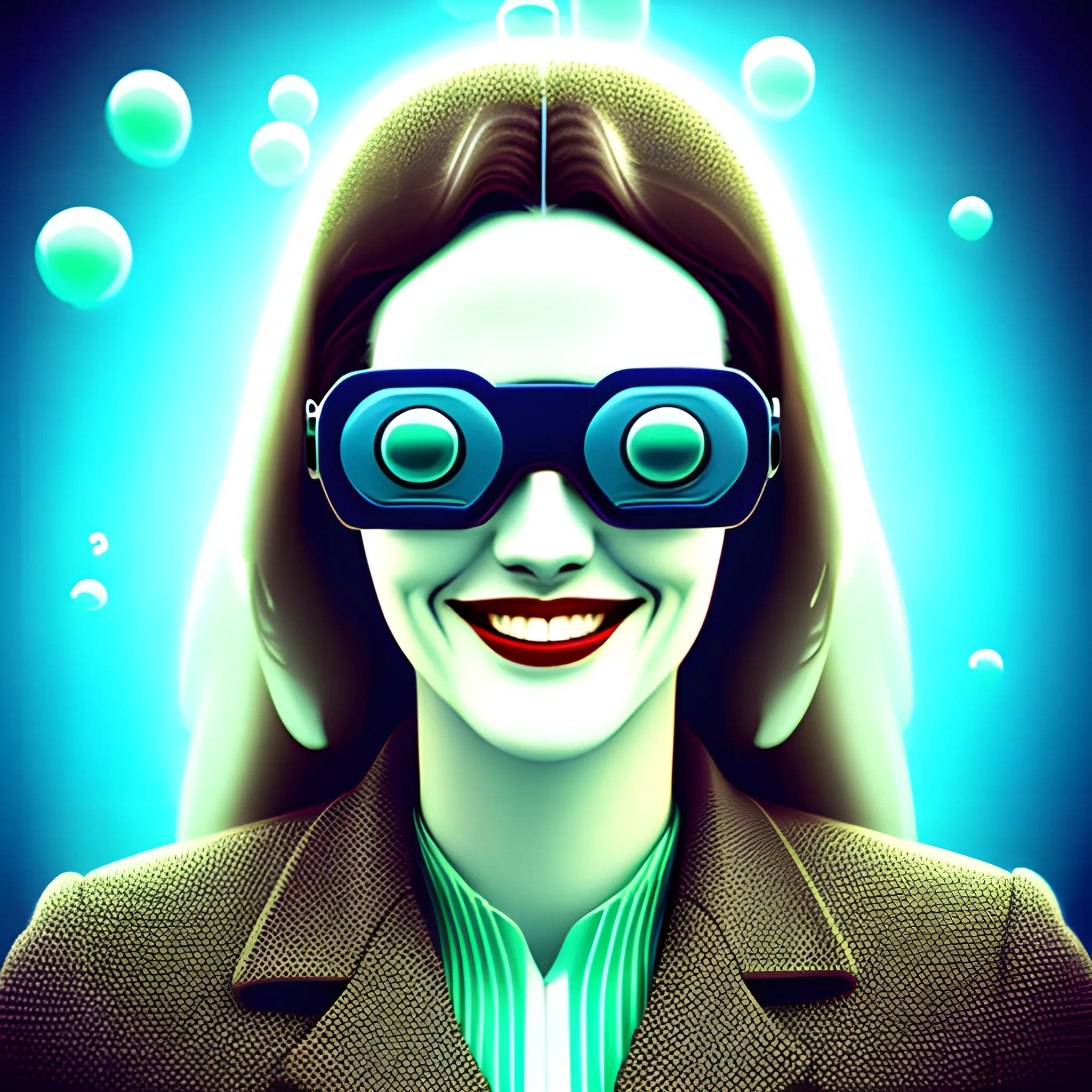 Friendly wise young high-tech female government worker. Should be warm, cheerful, knowledgeable, and smiling.  underwater bubbly clouds, Anaglyph 3D lens blur effect
