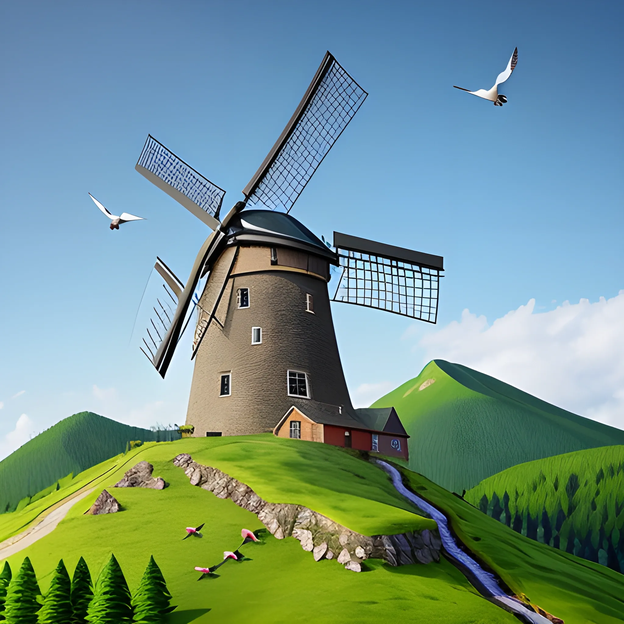 A windmill on which birds fly, a mountain covered with bright green trees, a snowy mountain top, all this is depicted in a very realistic way
