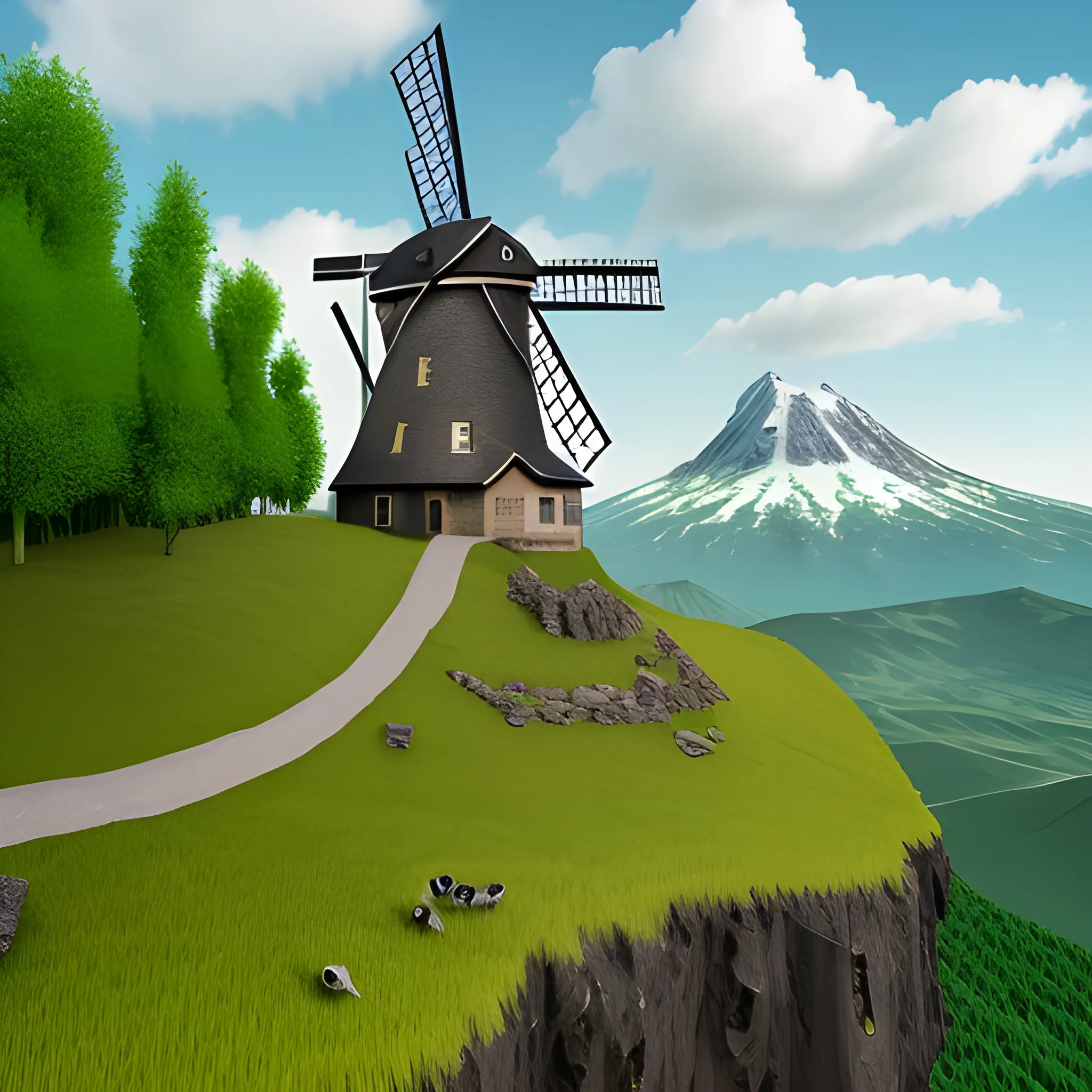 A windmill on which birds fly, a mountain covered with bright green trees, a snowy mountain top, all this is depicted in a very realistic way 128k, 3D