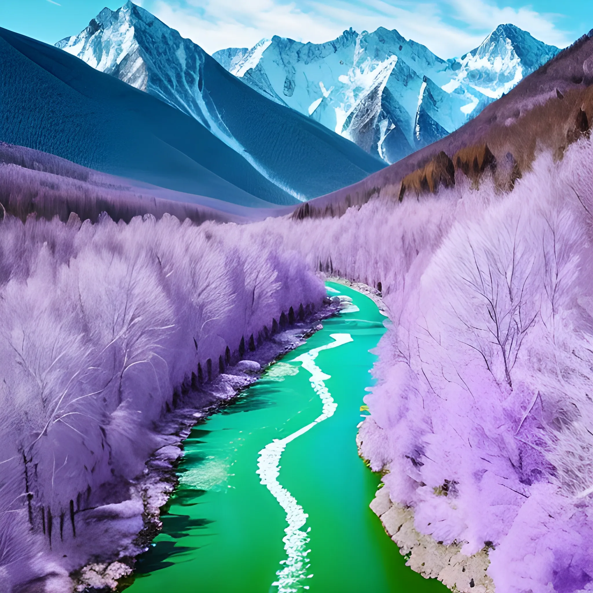birds are flying, the mountains are covered with bright green trees and snow, a blue-purple river flows near the mountains