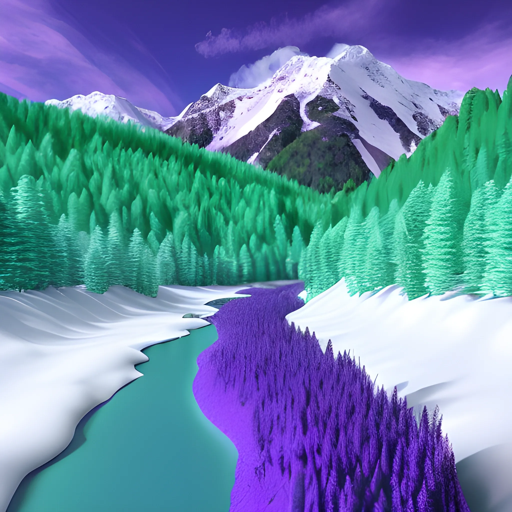 birds are flying, the mountains are covered with bright green trees and snow, a blue-purple river flows near the mountains, 3D, Trippy, 3D