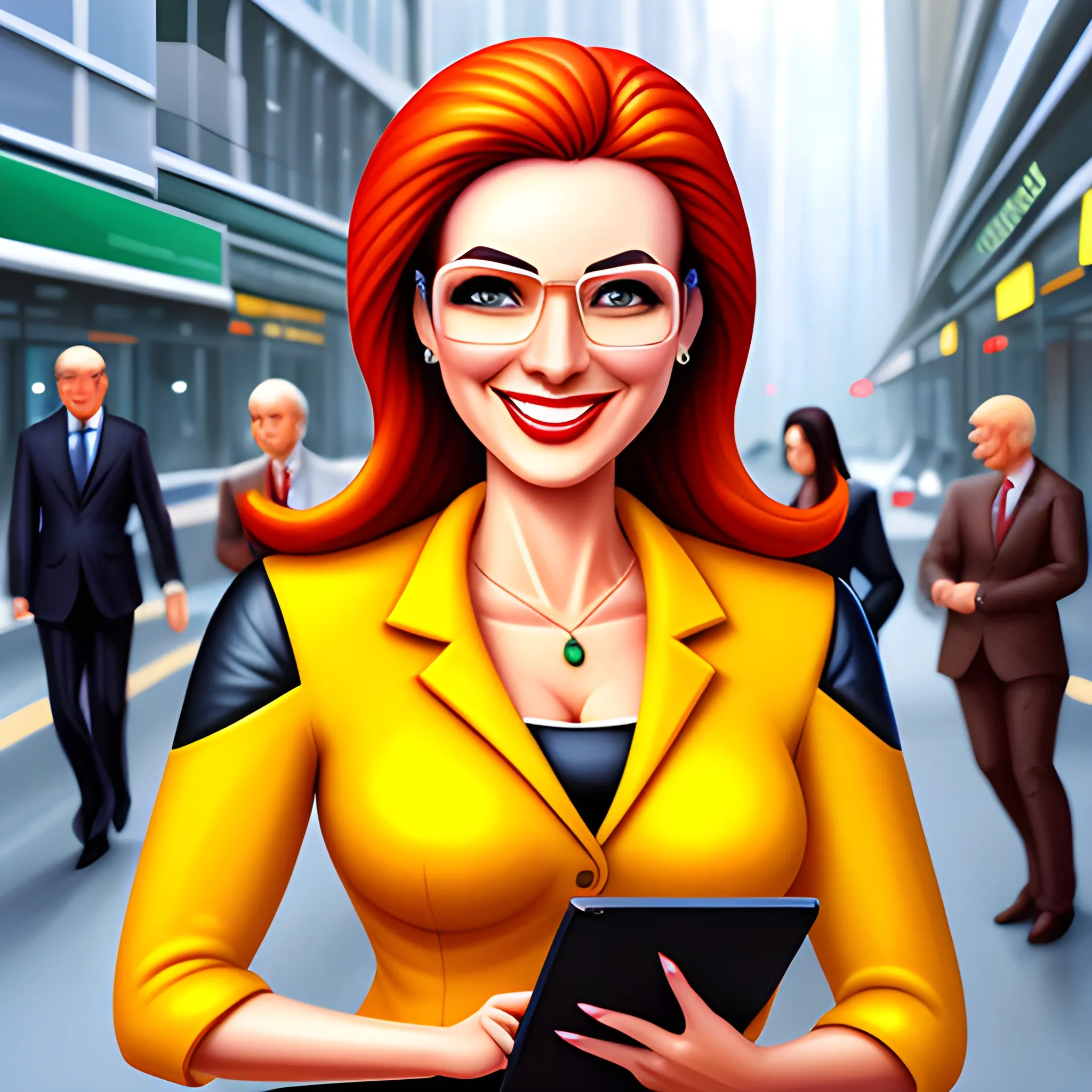 Friendly wise young high-tech female government worker. Should be warm, cheerful, knowledgeable, and smiling.  
, Cartoon, 3D, Oil Painting