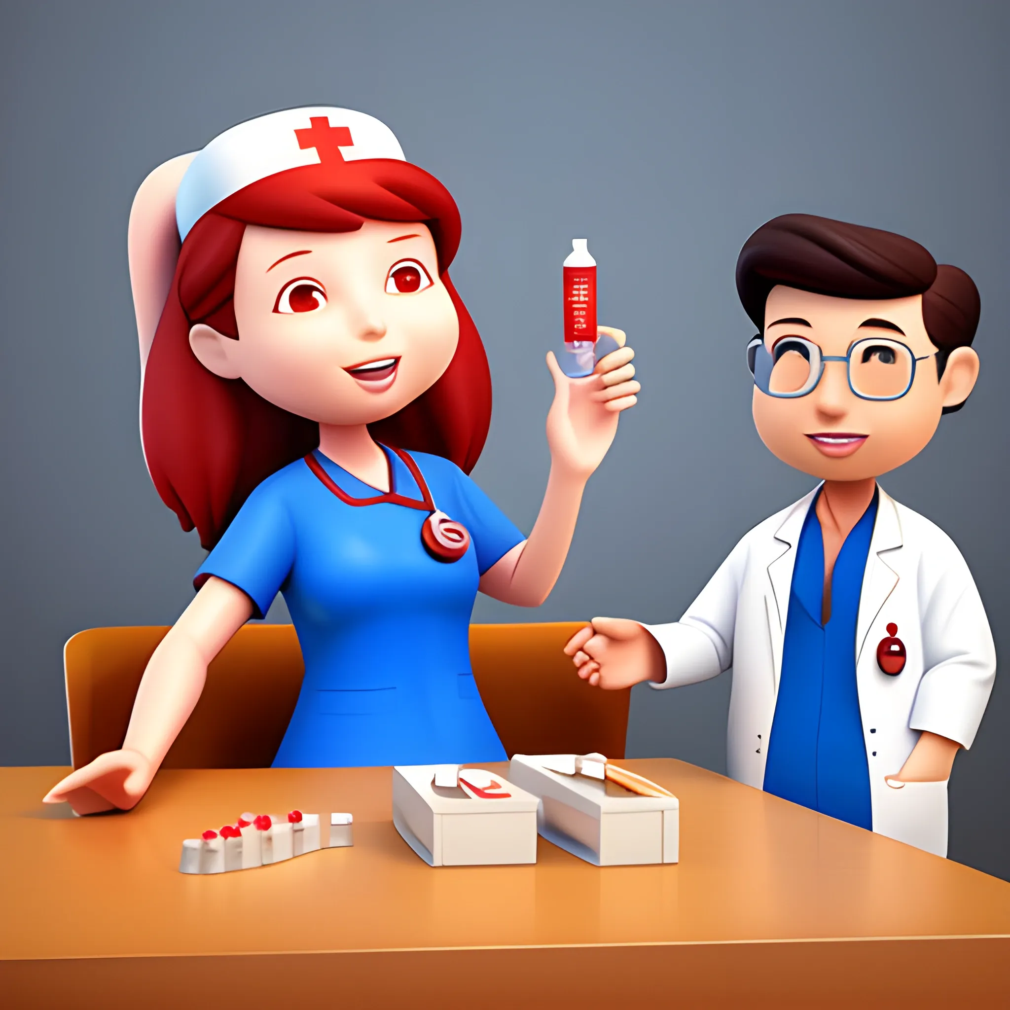 , Cartoon 
, nurse teaching to patient, saying "you have to take this medicine" 3D