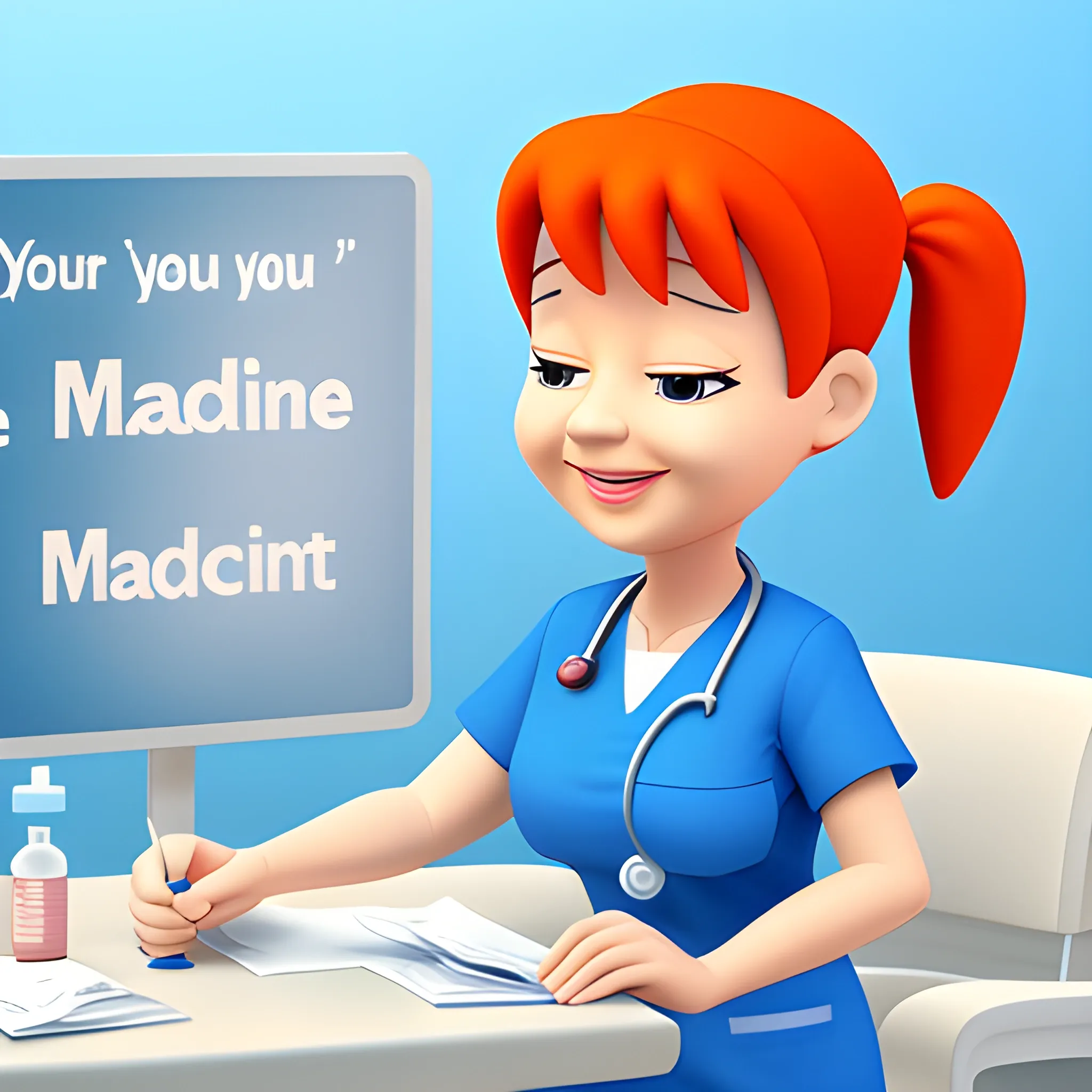 , Cartoon 
, nurse teaching to patient, , 3D, with a text saying "you have to take this medicine".