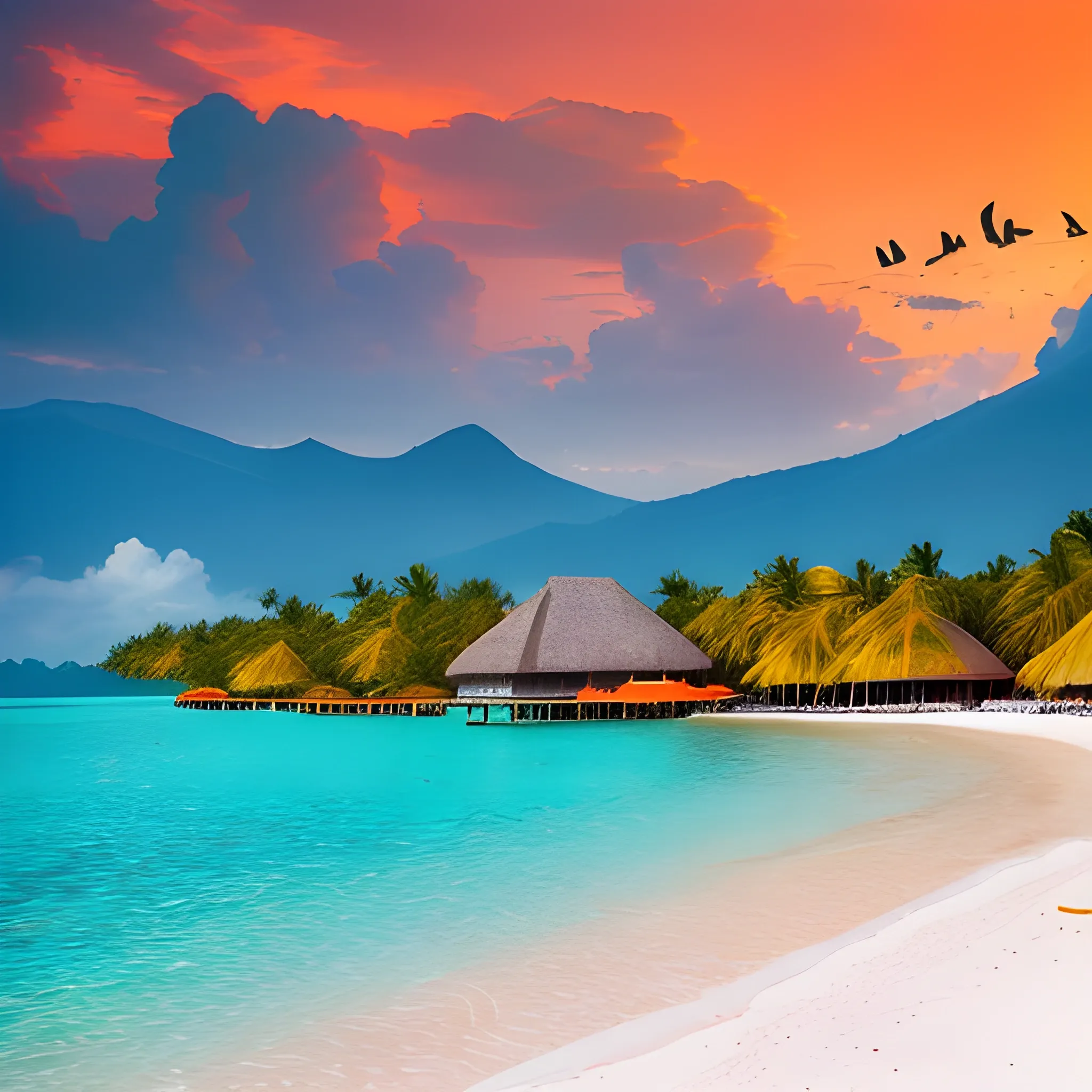 mountains, tourists, lake, beach, vacation, coconuts, plane, birds, tropics, burning yachts, Maldives, oranges, hotel 8k