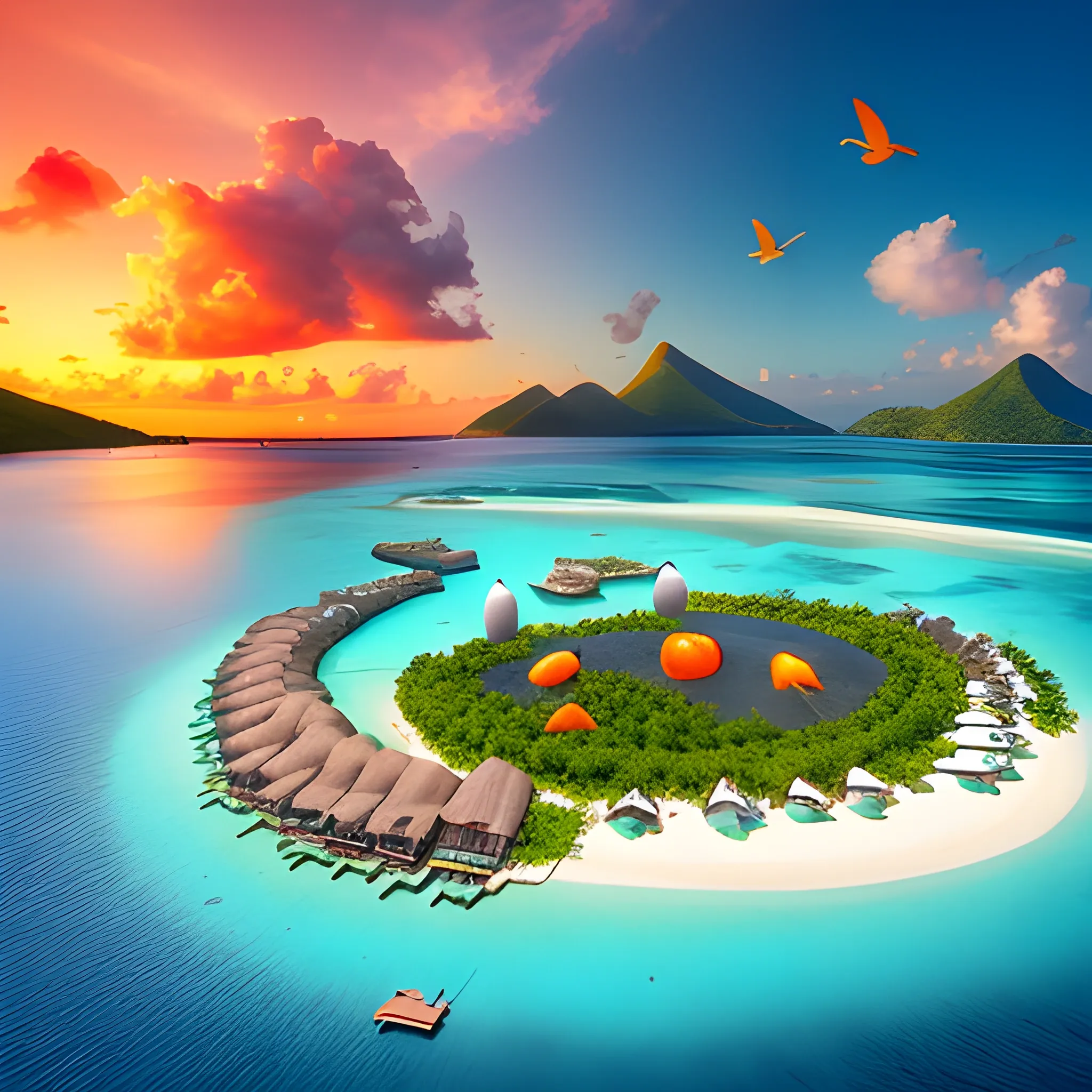mountains, tourists, lake, beach, vacation, coconuts, plane, birds, tropics, burning yachts, Maldives, oranges, hotel 8k, 3D