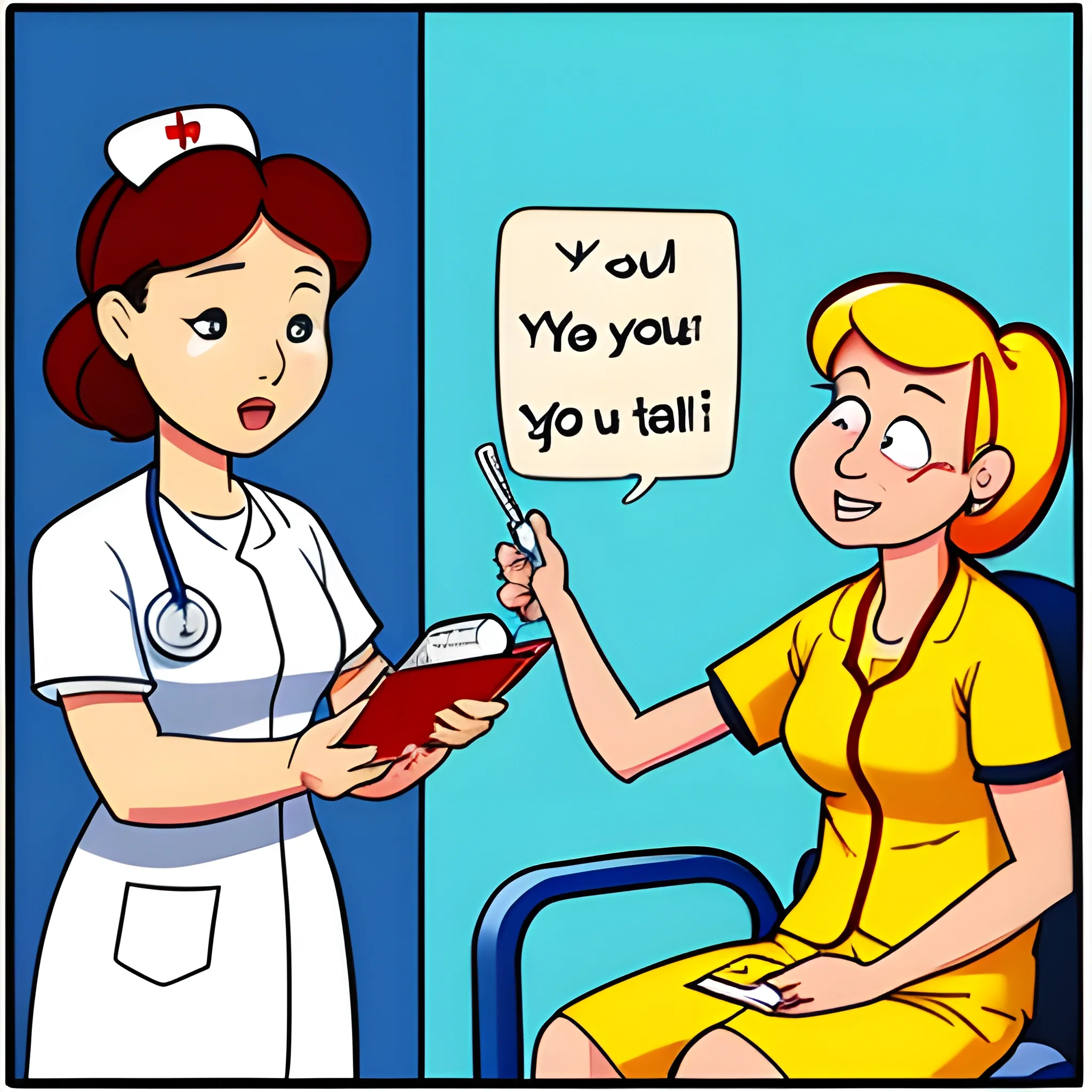 , Cartoon 
, nurse teaching to patient,  with a text saying "you have to take this medicine".