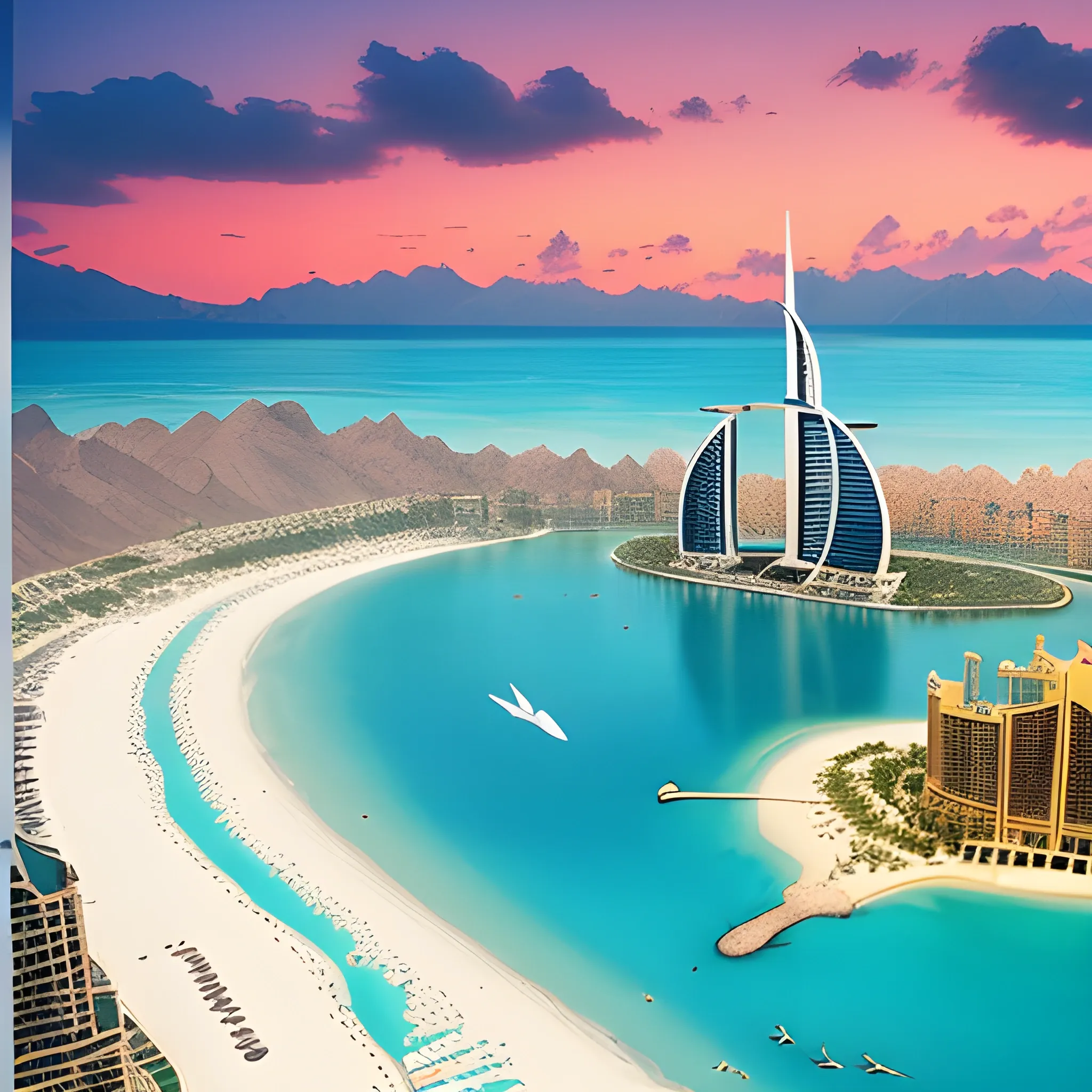 mountains, tourists, lake, beach, vacation, coconuts, plane, birds, tropics, burning yachts, Dubai hotel 8k
