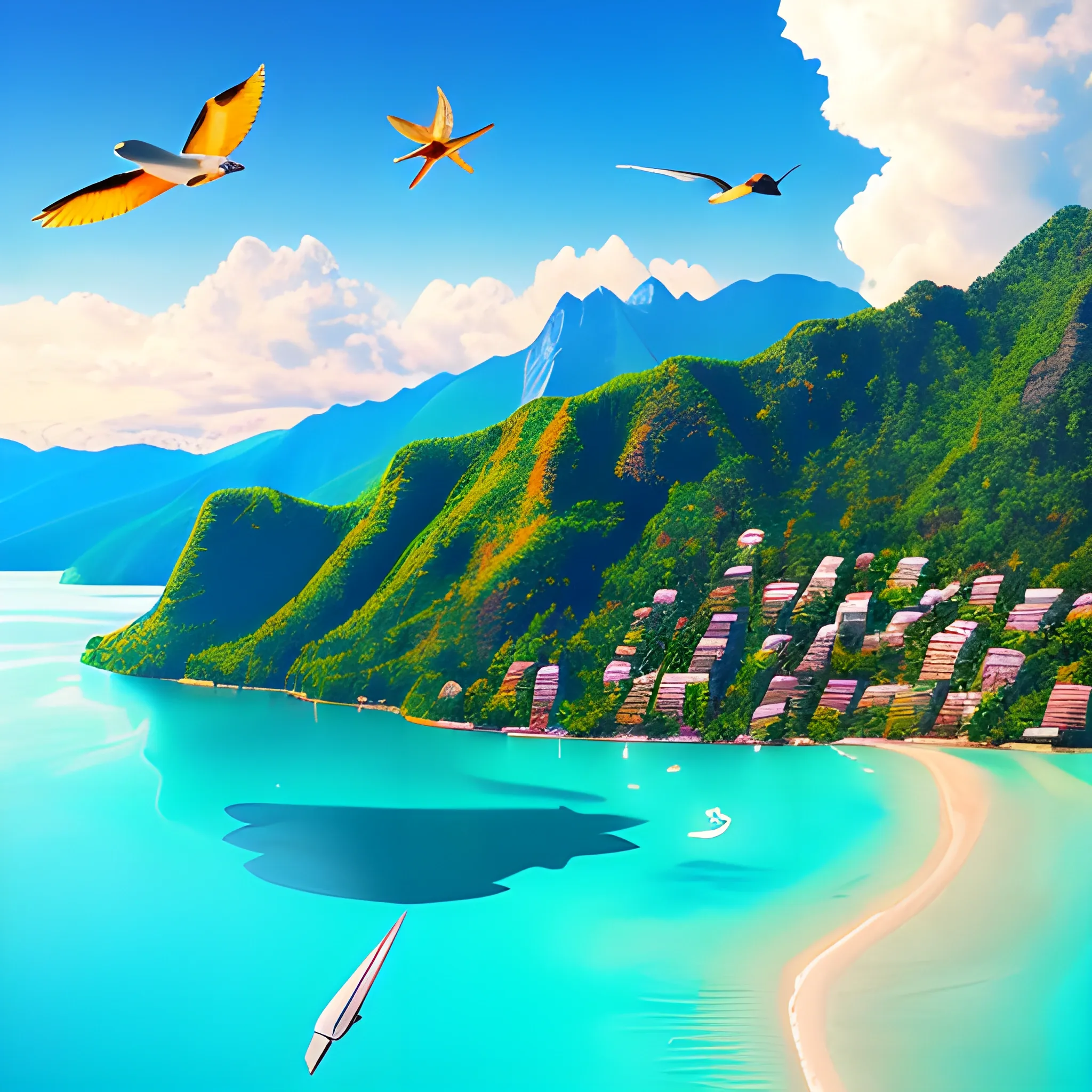 mountains, tourists, lake, beach, vacation, coconuts, plane, birds, tropics, burning yachts, 8k