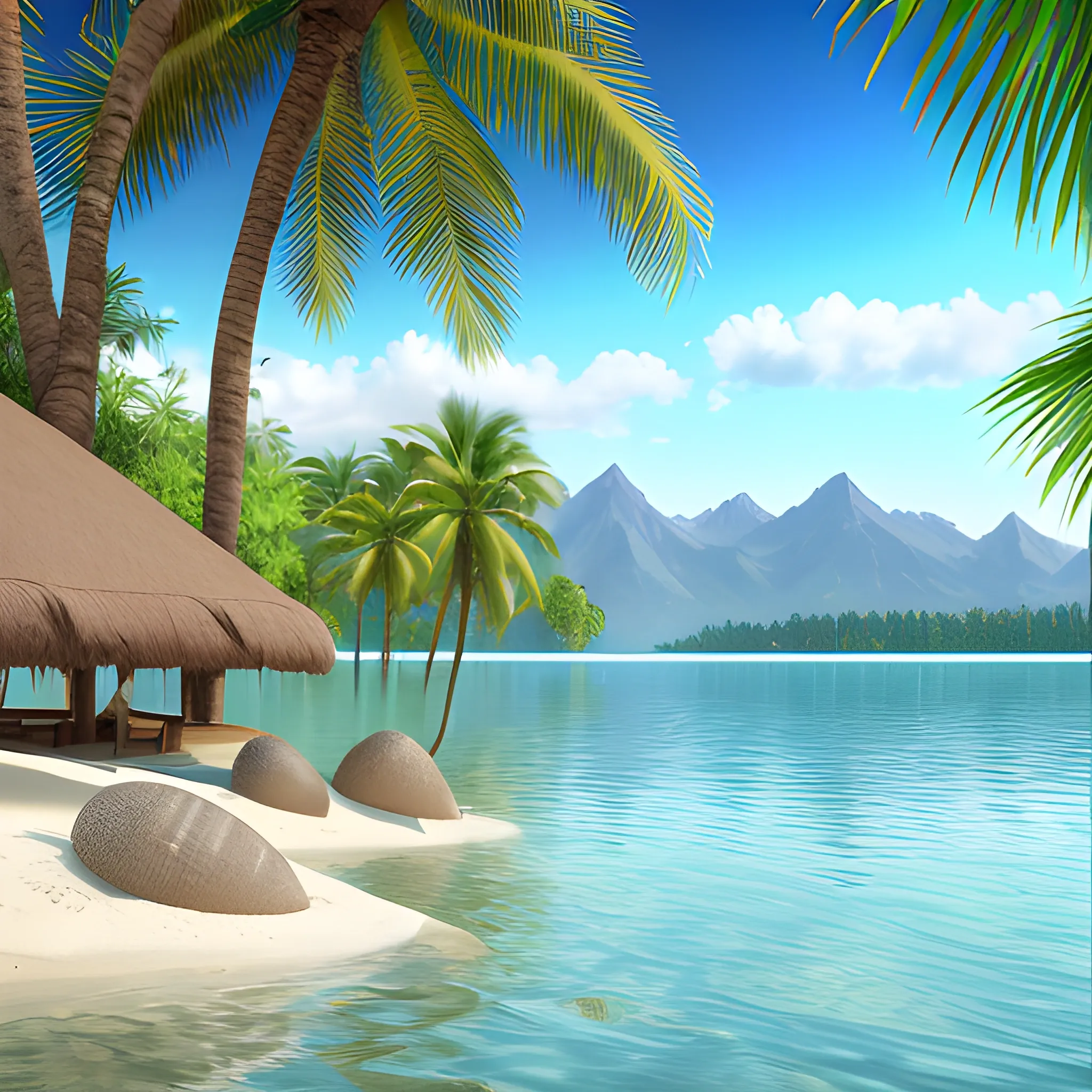 mountains lake water (photorealistic) 8k, beach rest coconuts on palm trees (photorealistic) 8k, relax "width": 1900,
"height": 1900,
