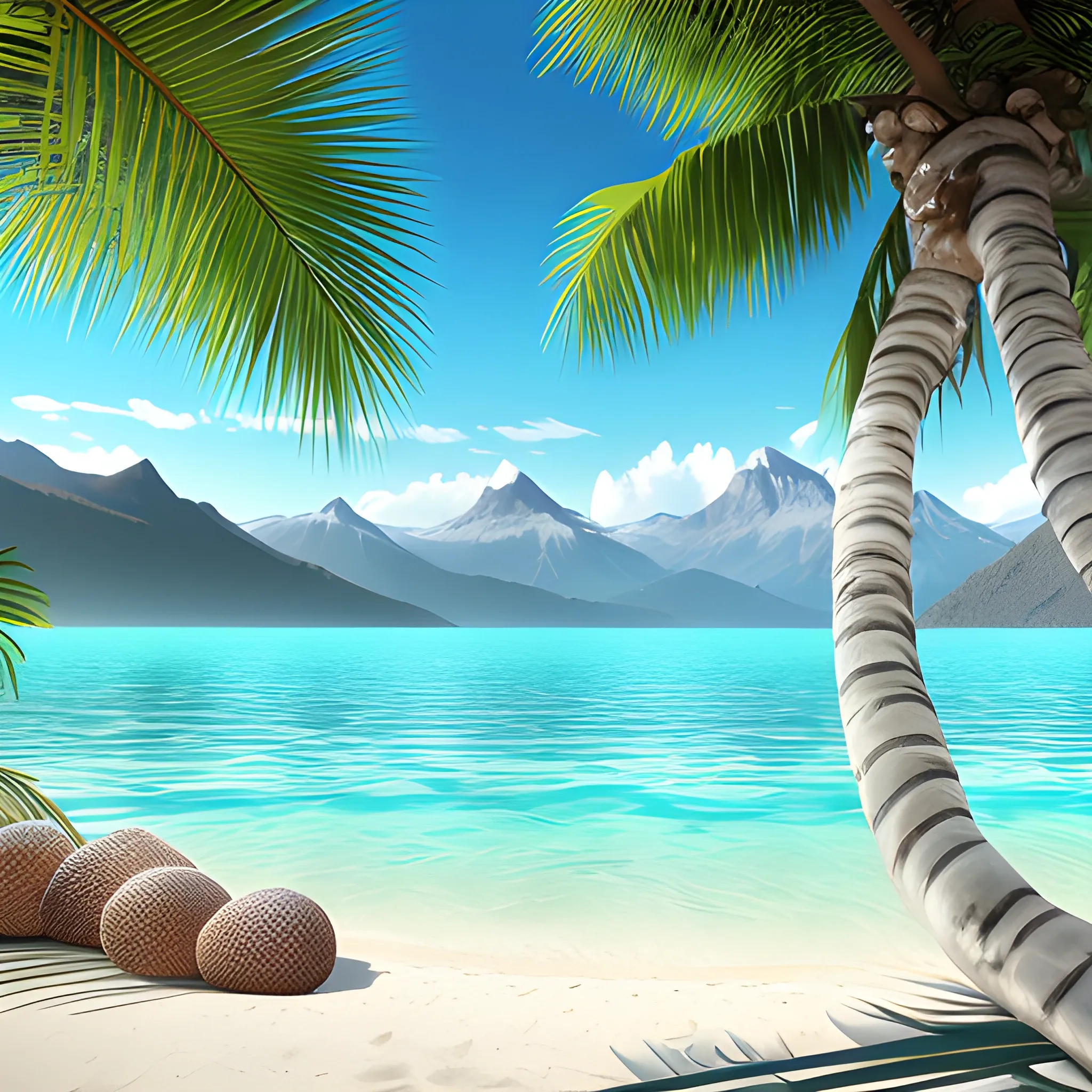 mountains lake water (photorealistic) 8k, beach rest coconuts on palm trees (photorealistic) 8k, relax 
