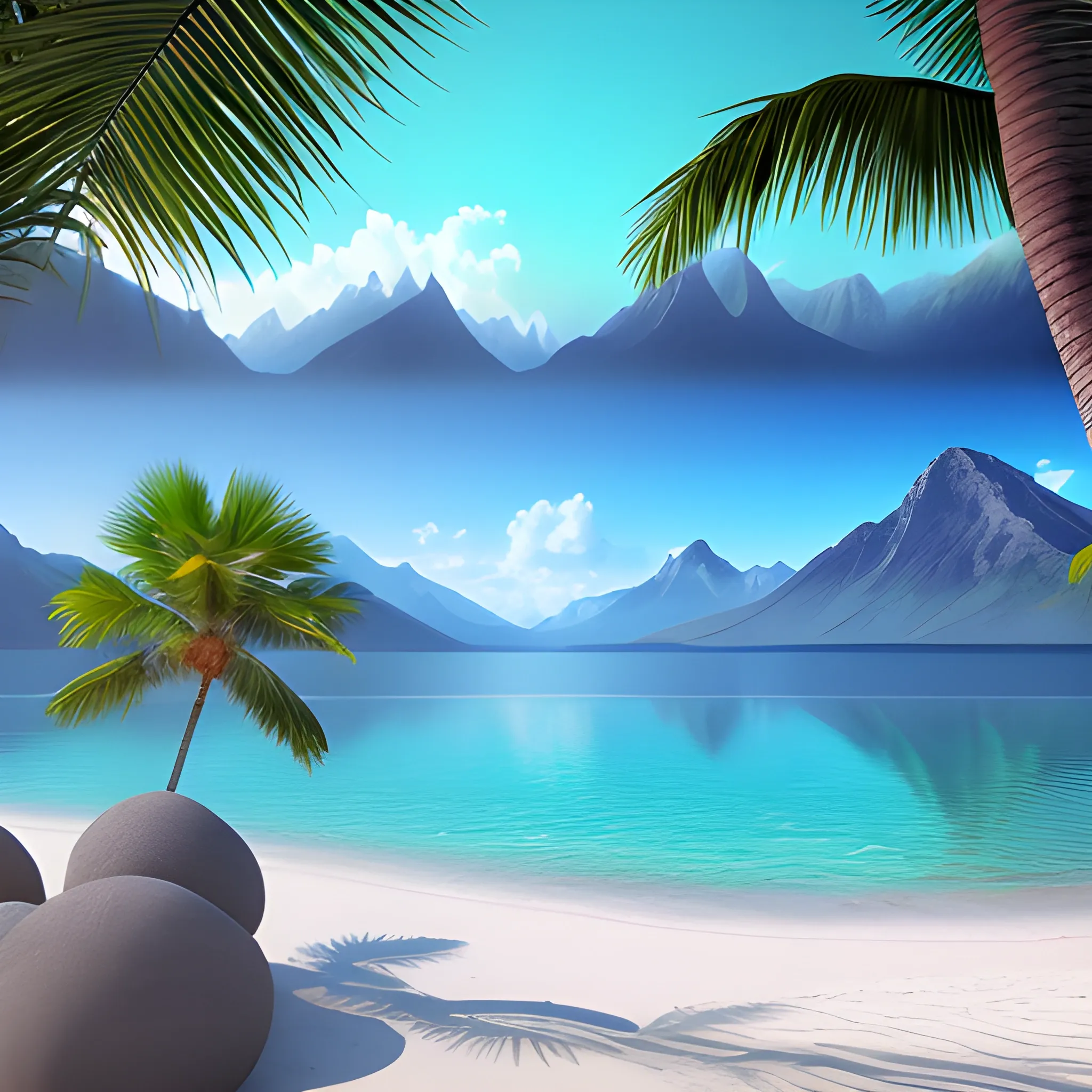 mountains lake water (photorealistic) 8k, beach rest coconuts on palm trees (photorealistic) 8k, relax 
, 3D, 3D, Trippy, Trippy