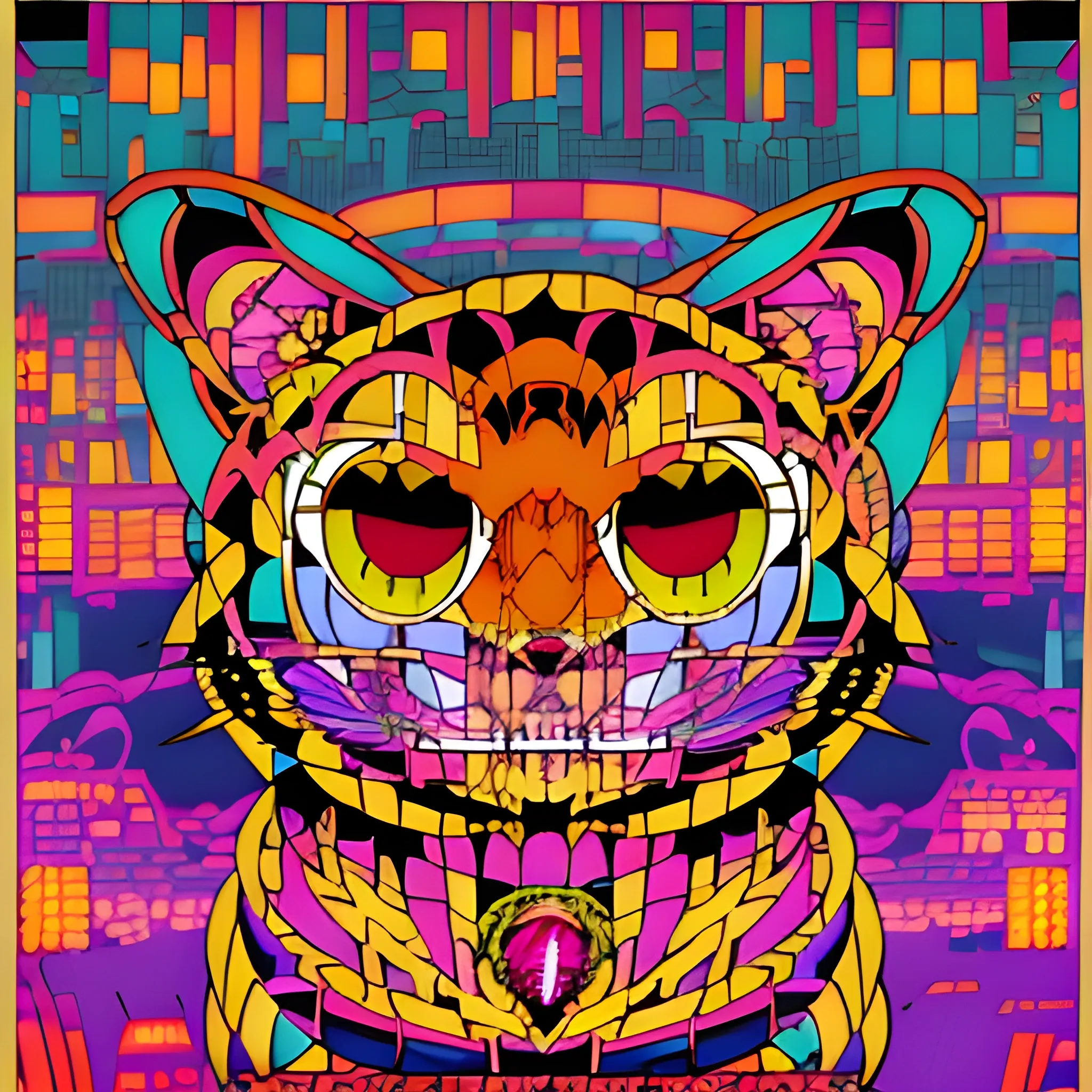 a cat with a pink and green background, comic book's cover, ( ( ( ( ( dan mumford ) ) ) ) ), martin ansin artwork portrait, space cat, by Dan Mumford, beautiful picture of stray, awesome cat, in the style dan mumford artwork, portrait of a lisa frank, cover art of graphic novel, cosmic tiger, cosmic cataclysm