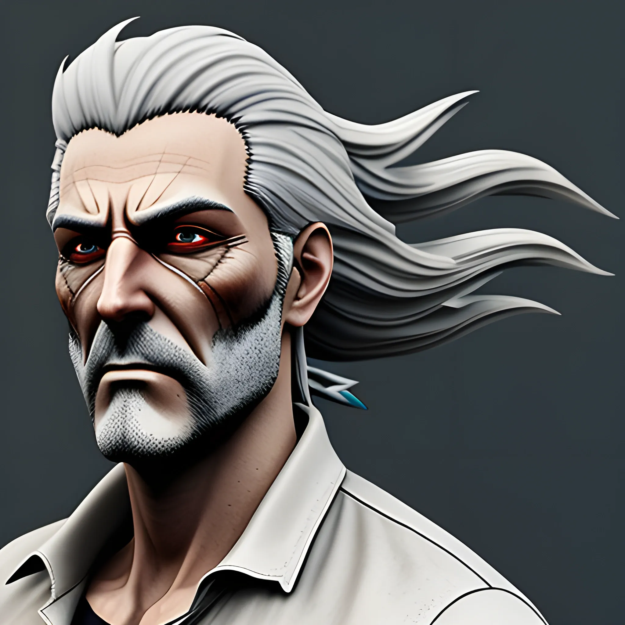 anime young man, long gray hair, realistic, 3d, flowing smoke, gradient, post apocalyptic