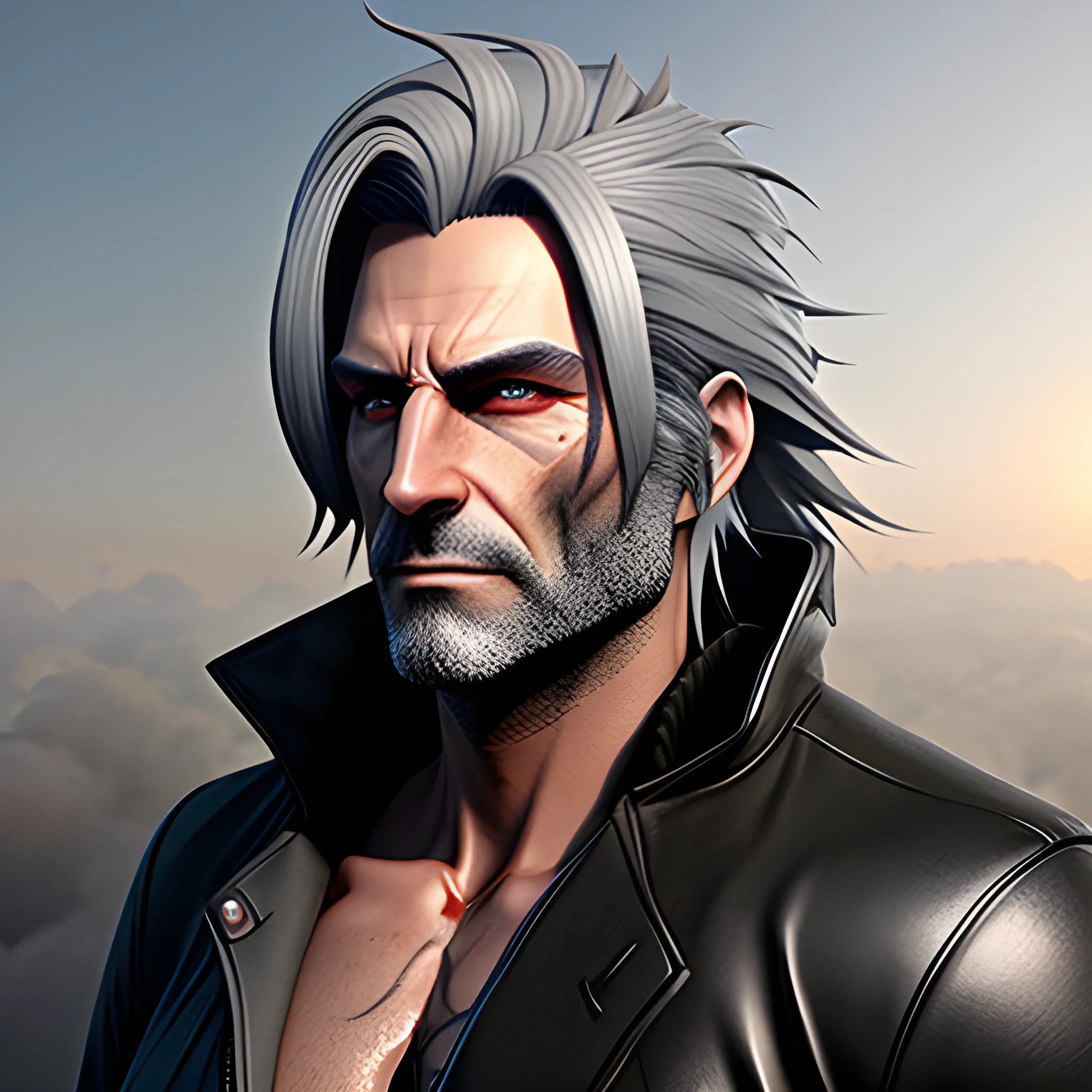 anime male youth, long gray hair, realistic, 3d, smoke flowing gradient with a post-apocalyptic background