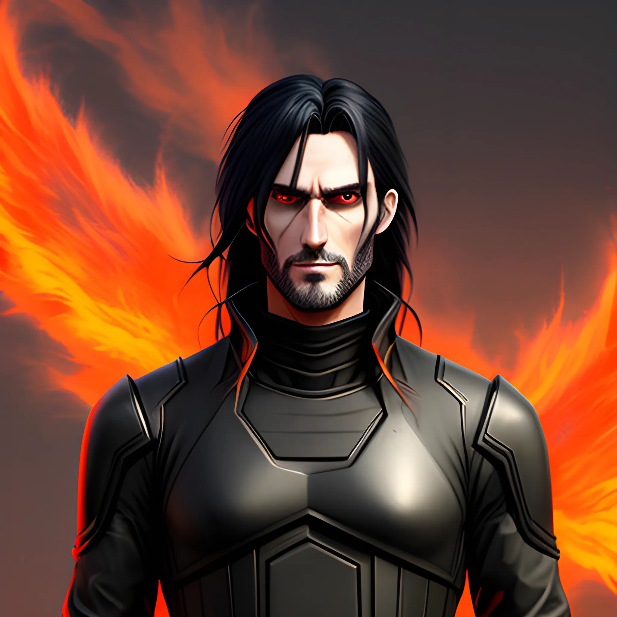 Anime boy with long dark hair and dark clothes, 3D, realistic, post-apocalyptic smoky orange gradient background