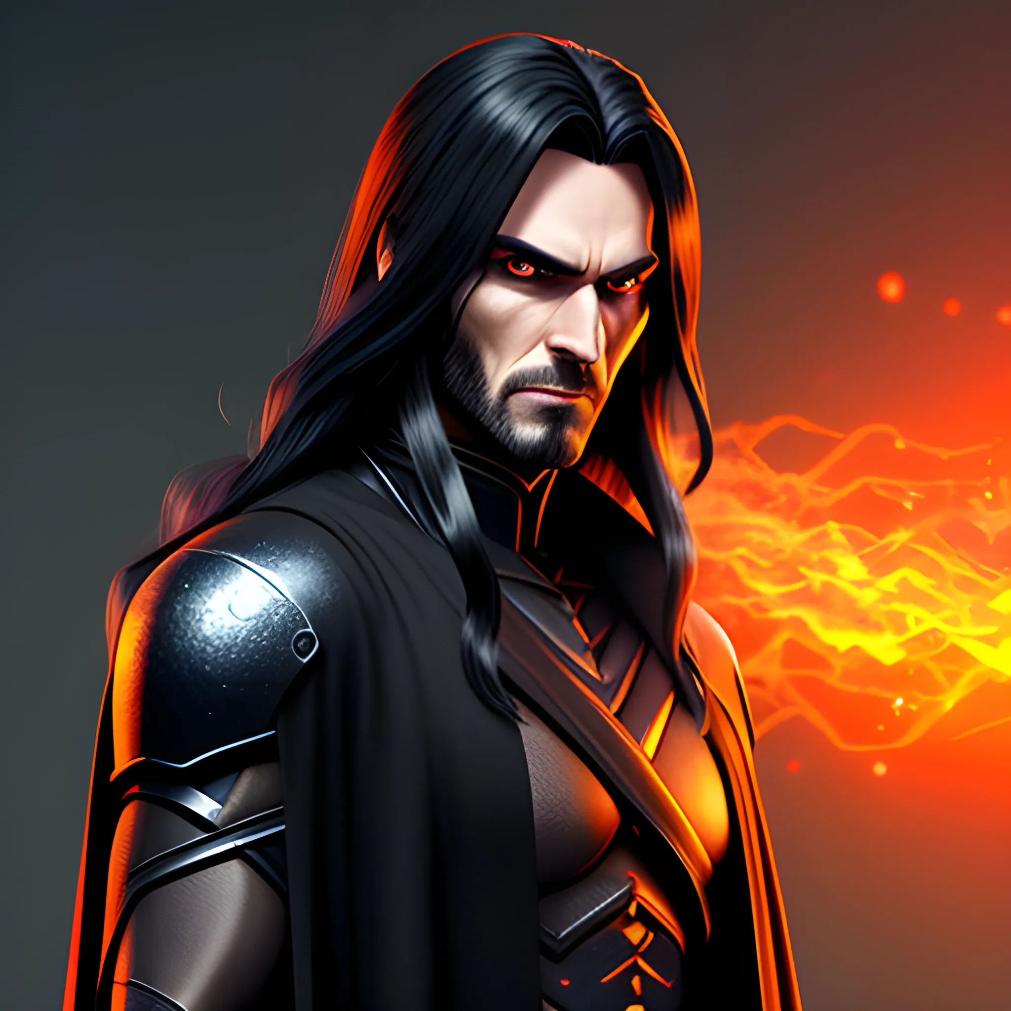 Anime boy with long dark hair and dark clothes and cape, 3D, realistic, post-apocalyptic smoky orange gradient background