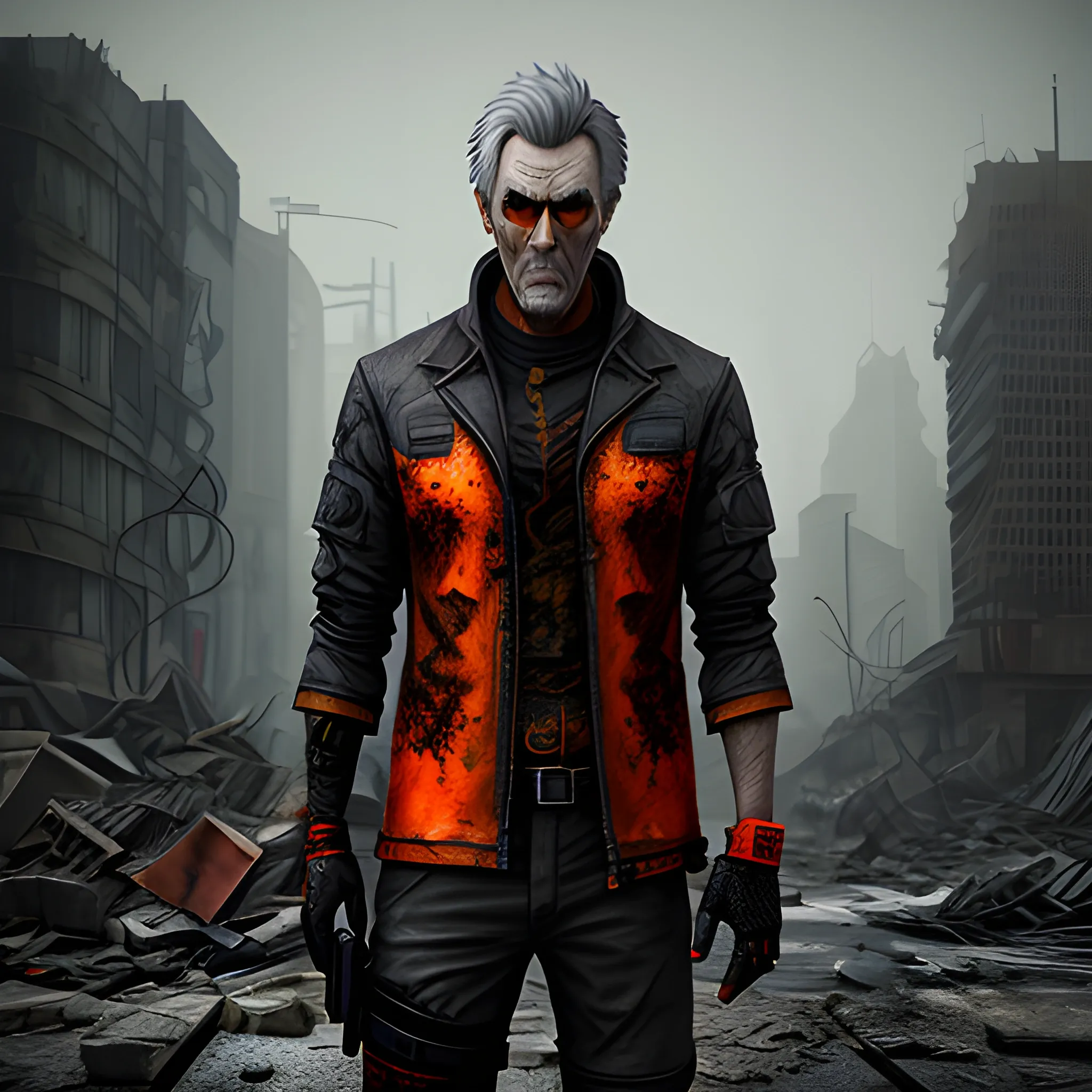 anime young man with dark gray hair, dark worn clothes, realistic, 3d render, post apocalyptic world with orange ruined background