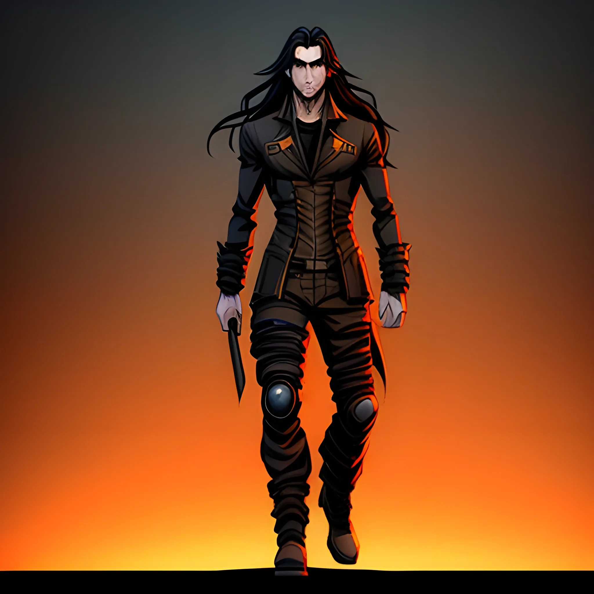 Anime boy with long dark hair and dark clothes, 3D, realistic, post-apocalyptic smoky orange gradient background, Cartoon
