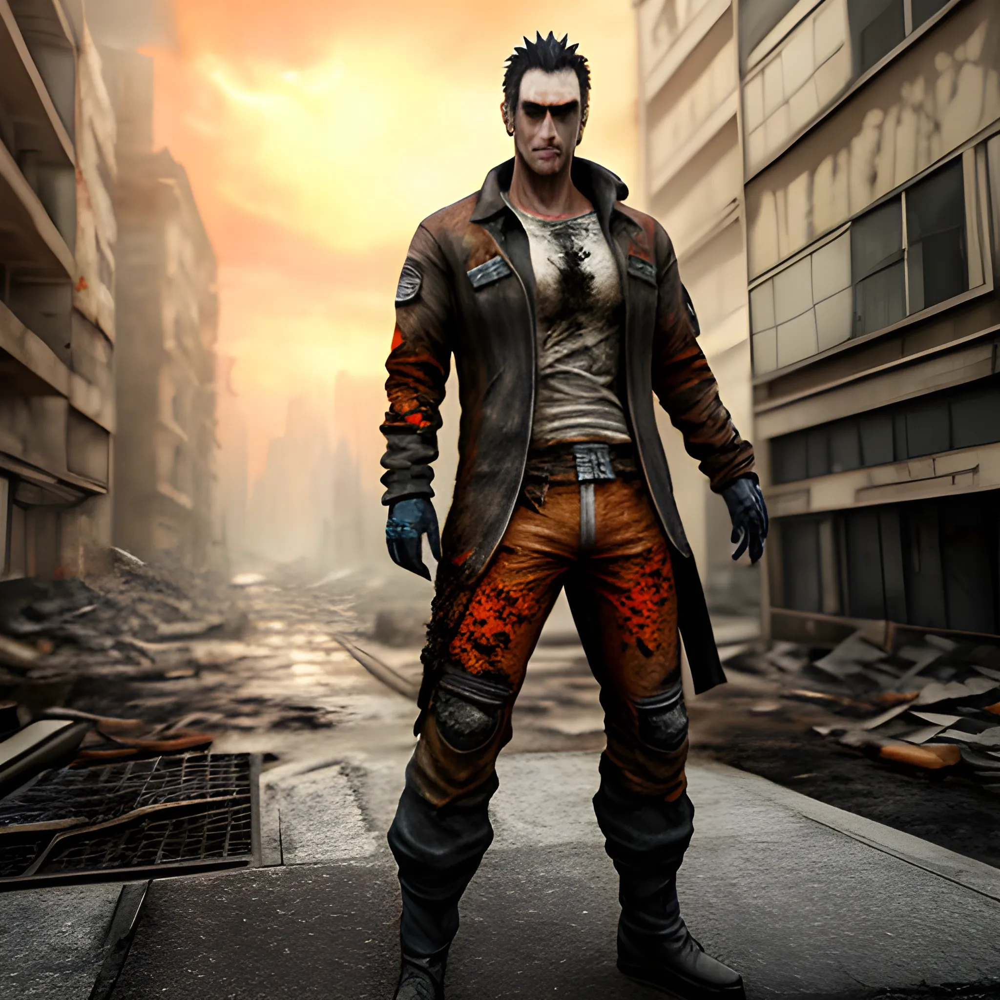 anime young man with dark hair, dark worn clothes, realistic, 3d render, post apocalyptic world with orange ruined background