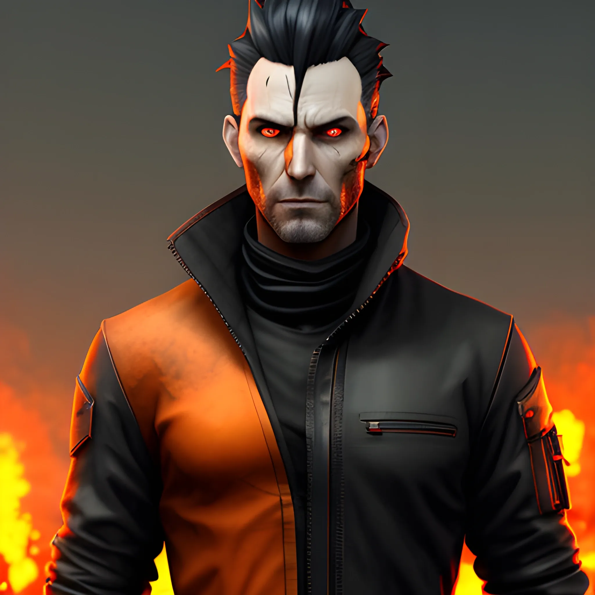 anime young man with dark hair, dark clothes, realistic, 3d render, post apocalyptic world with orange ruined background with a smoky effect, avatar 8k