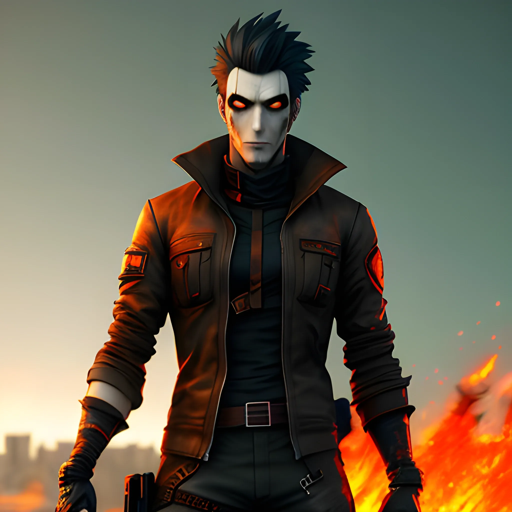 anime young man about 20 years old with dark hair, dark clothes, realistic, 3d render, post apocalyptic world with orange ruined background with a smoky effect, 8k avatar