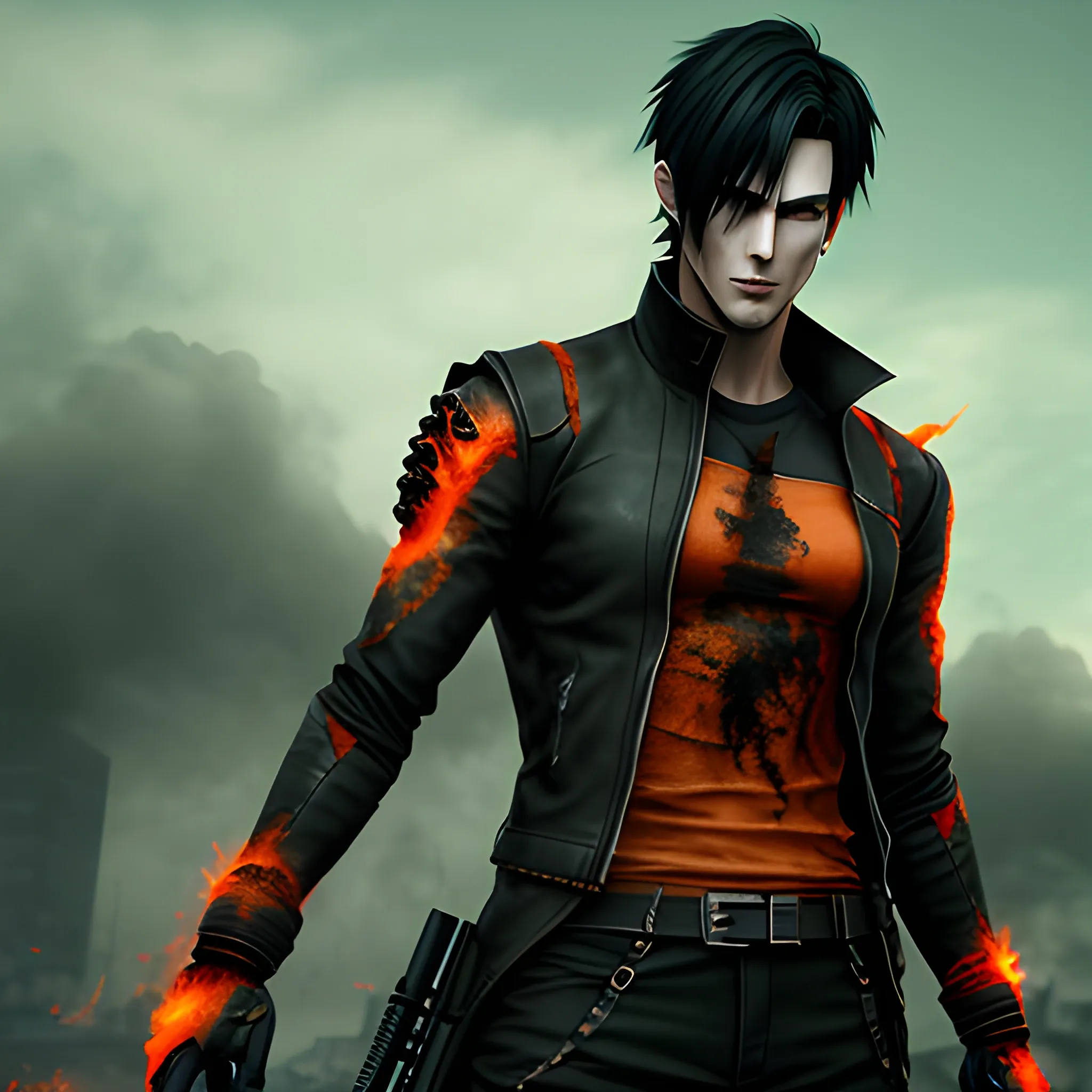 anime young man about 20 years old with dark hair, dark clothes, realistic, 3d render, post apocalyptic world with orange ruined background with a smoky effect, 8k avatar