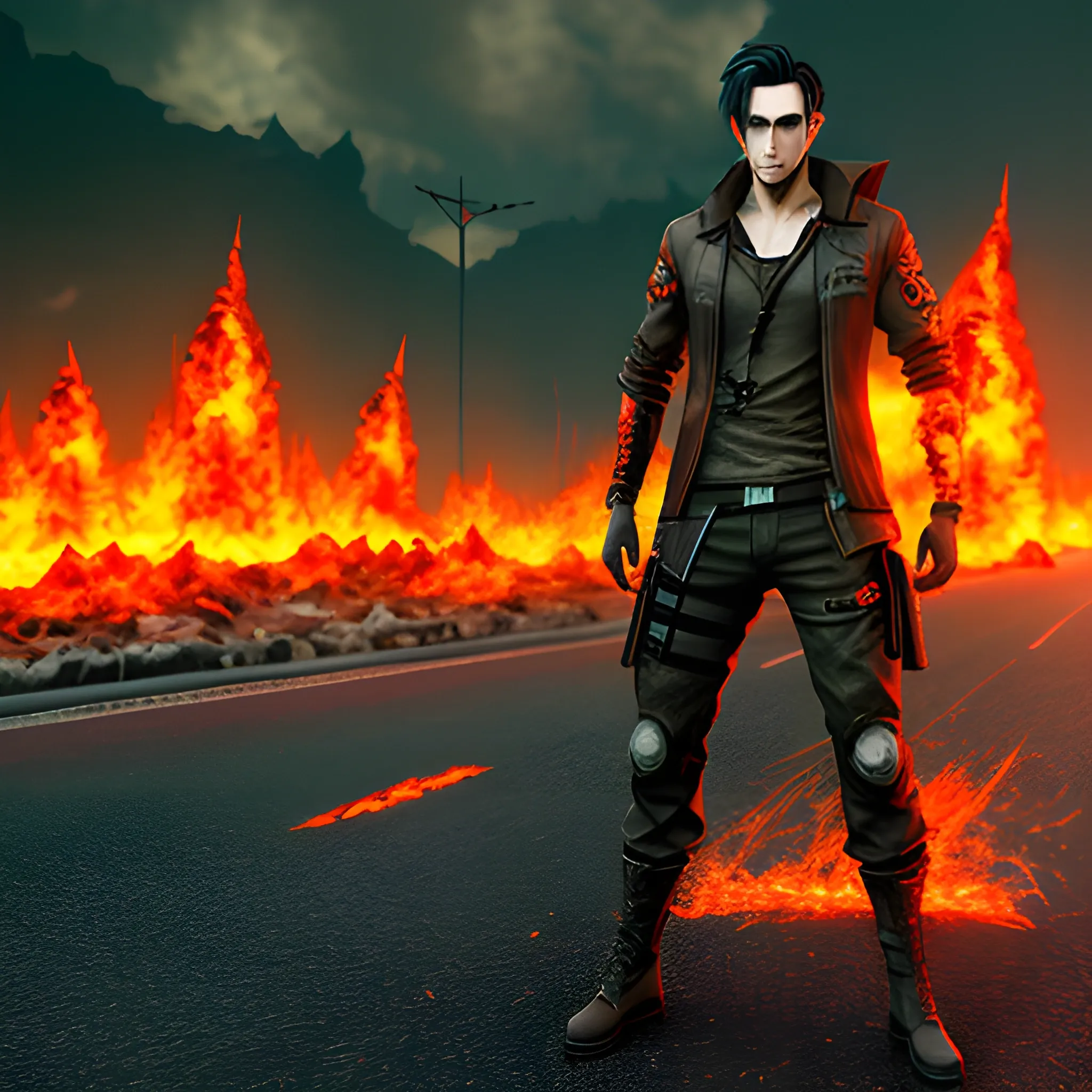 anime young man about 20 years old with dark hair, dark clothes, realistic, 3d render, post apocalyptic world with orange ruined background with a smoky effect, 8k avatar