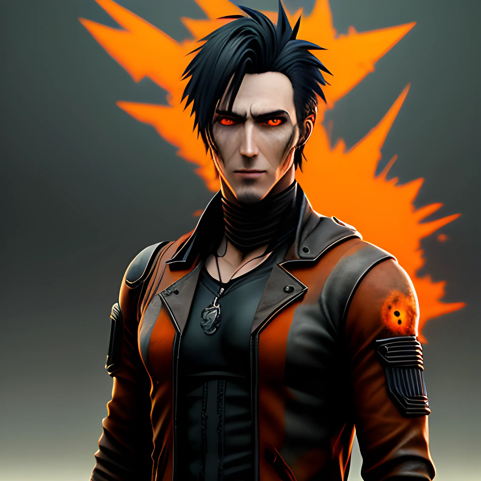 anime young man about 20 years old with dark hair, dark clothes, realistic, 3d render, post apocalyptic world with orange ruined background , 8k avatar