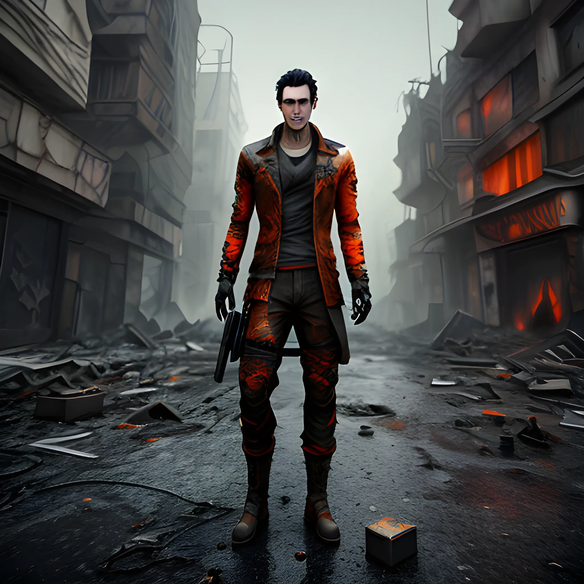 anime young man about 20 years old with dark hair, dark clothes, realistic, 3d render, post apocalyptic world with orange ruined background , 8k avatar