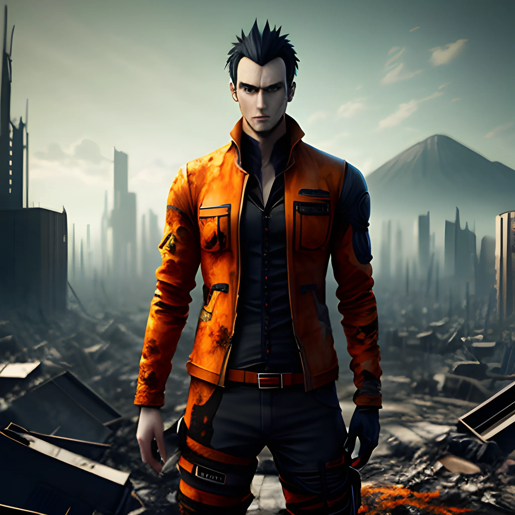 anime young man about 15 years old with dark hair, dark clothes, realistic, 3d render, post apocalyptic world with orange ruined background , 8k avatar