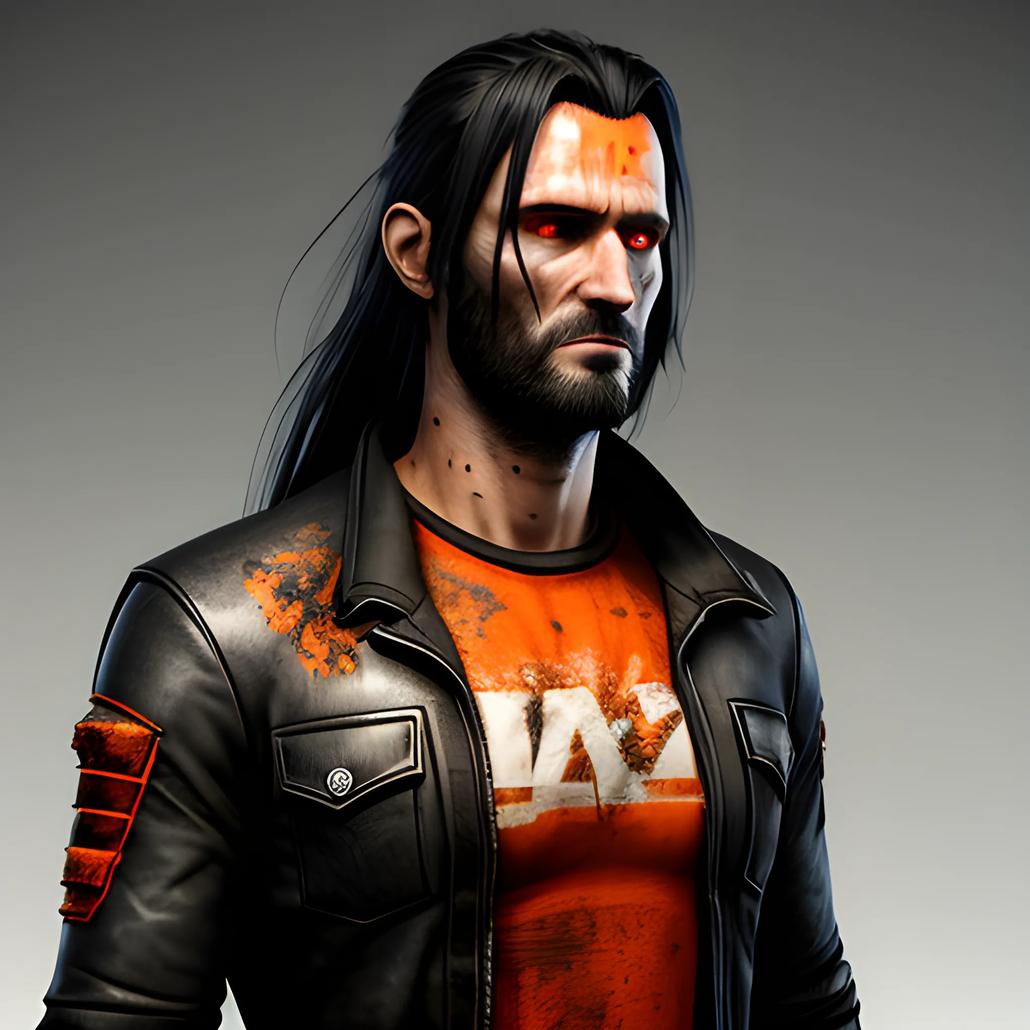young anime boy about 15 years old long hair, black clothes, realistic, 3d rendering, post apocalyptic world with ruined orange background, face avatar 8k