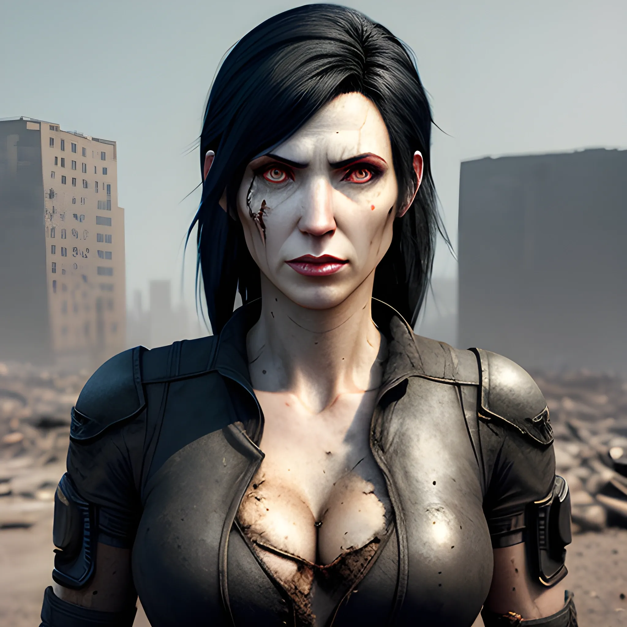 young anime girl,15 years old,black hair,black clothes,realistic,3d rendering,ruined post apocalyptic world,face avatar 8k