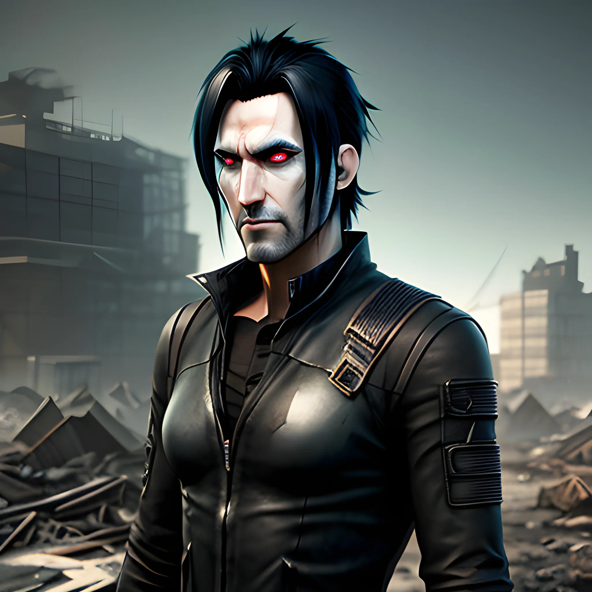 anime boy,15 years old,black hair,black clothes,realistic,3d rendering,ruined post apocalyptic world,face avatar 8k