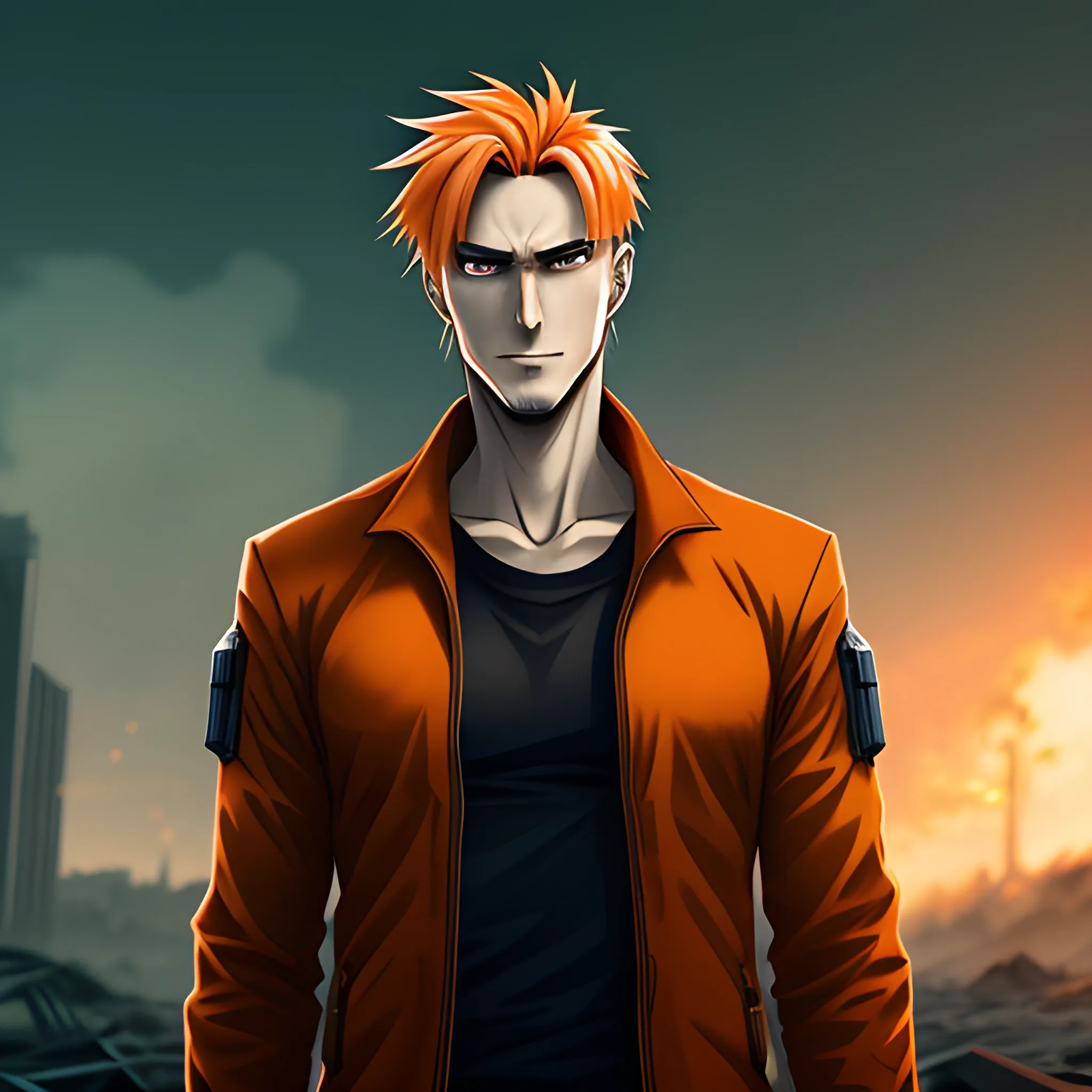 anime boy, 10 years old, light hair, dark clothes, orange gradient smoky effect post apocalyptic background, 8k profile